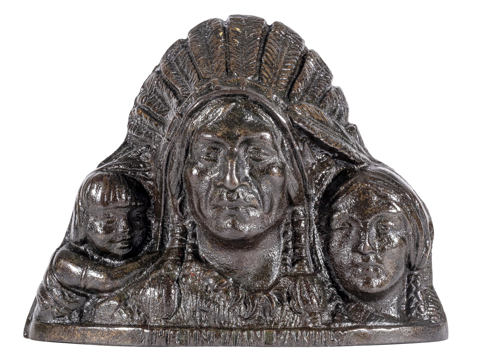 Indian Family Iron Bank: J. M. Harper. Chicago, IL - 1906 - 5 1/4" Wide. A fantastically sculpted and scarce bank by J. M. Harper.