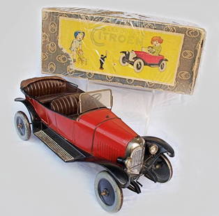 Citroen B-2 Roadster with Box: Citroen B-2 Roadster with Box -Citroen French – Circa 1923 This is quite a scarce toy roadster made by Citroen for a very short period beginning in 1923. It has a leather canopy and paper applied ru