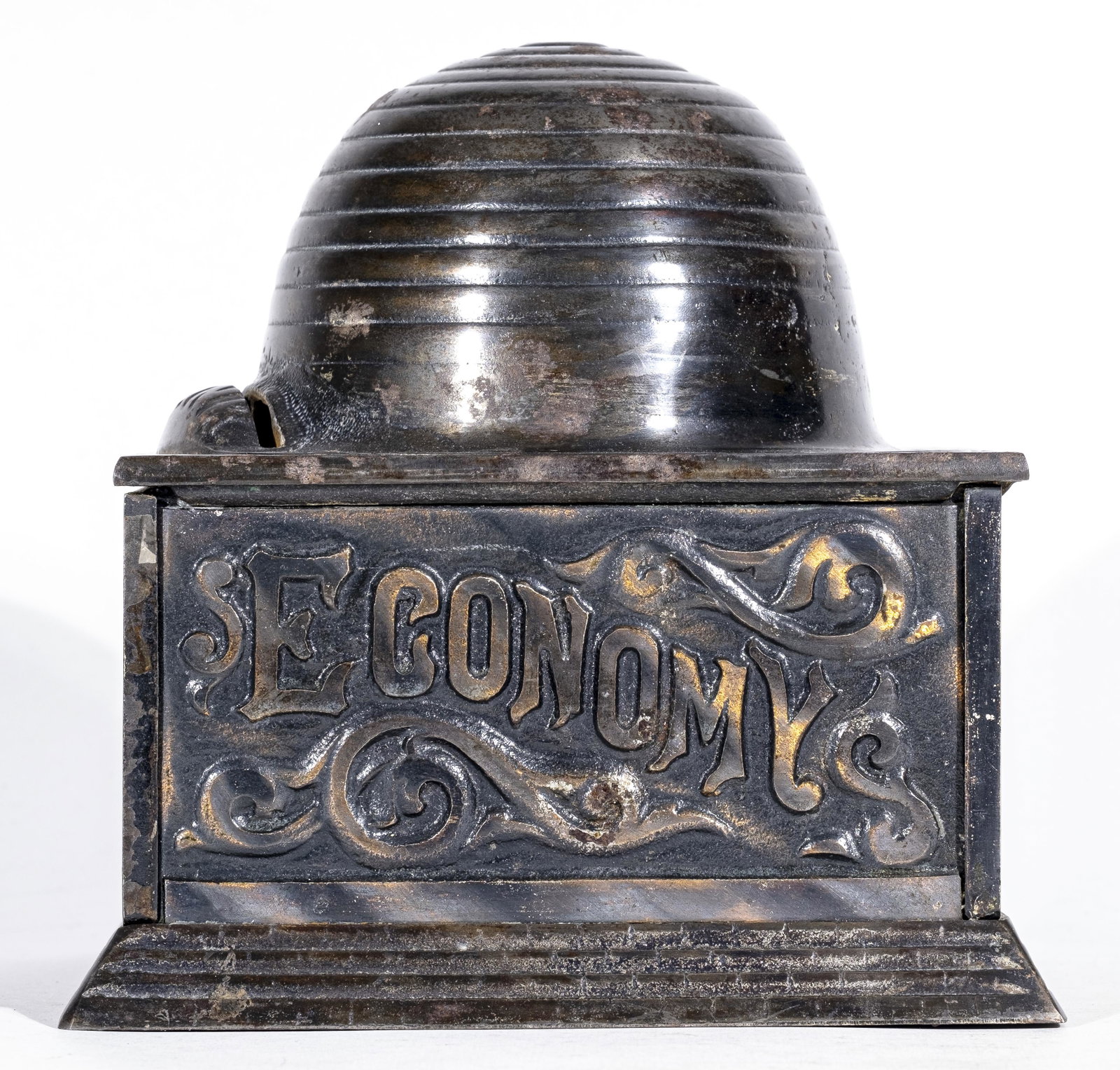Beehive "Economy Accumulates Wealth" Iron Bank: Designed by Arthur Golton. American - 1890's. "Property of Lewis Bank Wellsville. N. Y.".