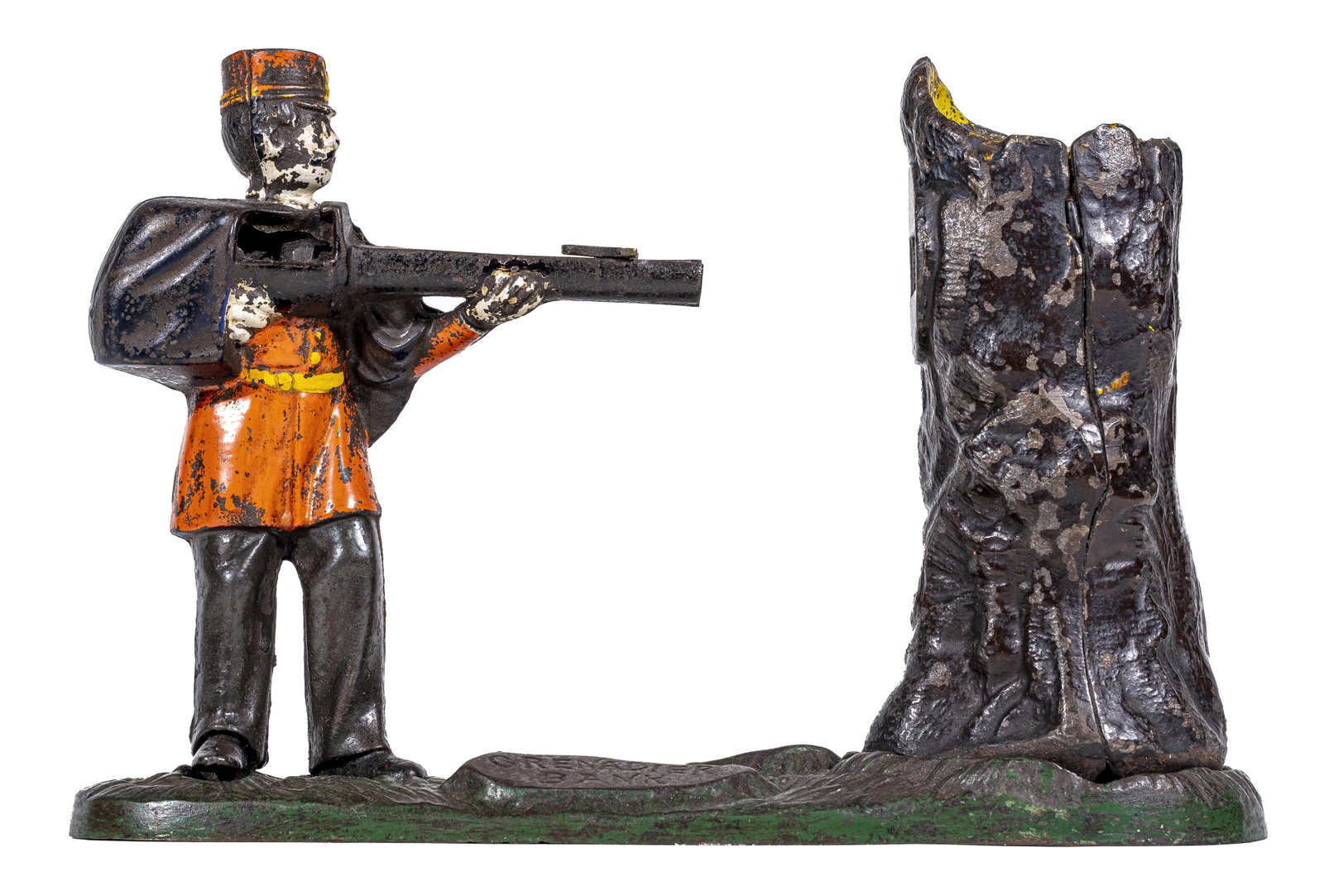 Grenadier Iron Mechanical Bank: Made by John Harper & Co. Ltd. Willenhall, England - 1880's. A classic coin shooting operation. The Grenadier is a scarce bank.