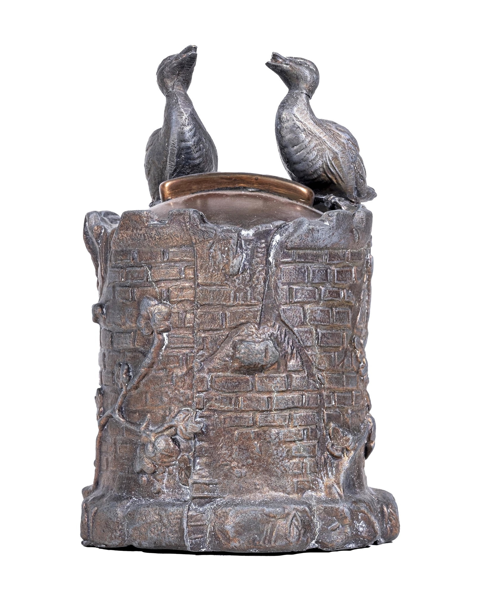 Birds at Birdbath Bank: German - 1920's. 3 3/4" Tall. Made of Coppered Lead and Tin.
