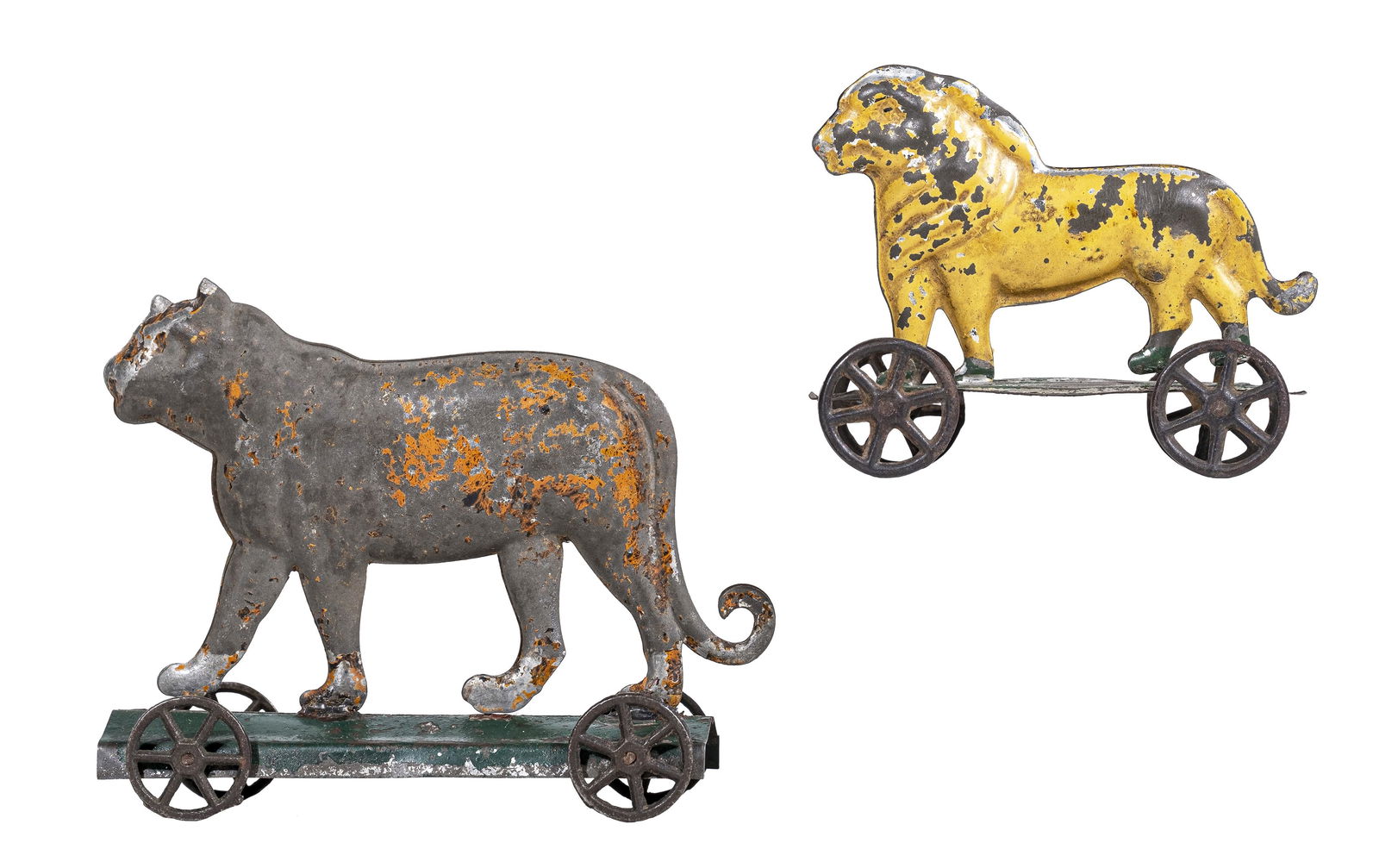 Two Exotic Cat Platform Toys: Mixed Makers - 1880's - 4" Long.