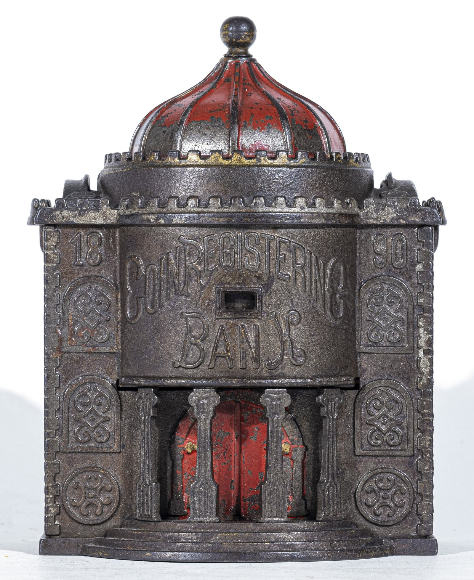 Coin Registering Iron Bank: Made by Kyser & Rex Company. Philadelphia, Pa. - 1890's. The dome of the building must be turned to operate the mechanism. Place a nickel or dime in the appropriate slot and turn the dome to the right