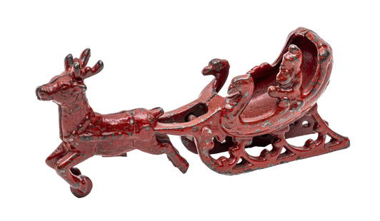 Santa in Sleigh Iron Toy: Dent Hardware Co. Fullerton, Pa. - 1910 - 5 3/4" Long. This is a scarce small sized Santa toy.