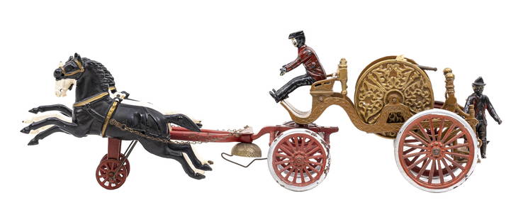 Hose Reel Iron Horse Drawn Toy: Dent Hardware Co. Fullerton, Pa. - 1905 - 22" Long. This is a far superior example and was part of the cache of mint toys the Hegarty's discovered in the Dent factory.