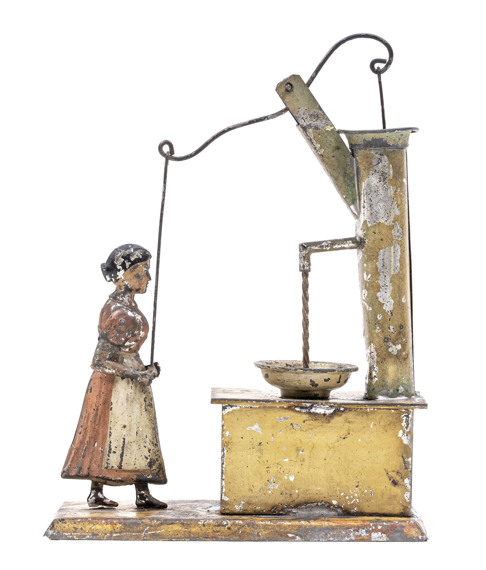 Girl Pumping Water from Well Tin Toy: Made by Gunthermann. German - 1915 - 8 1/2" Tall. The toy works when wound and a pole turns around simulating the water flowing.