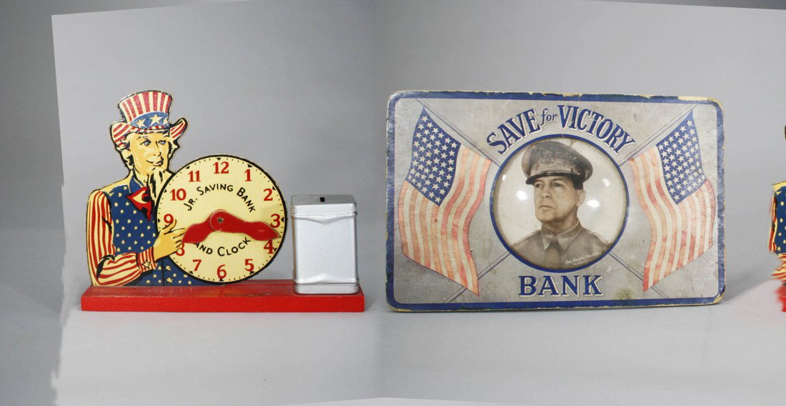 Lot: Junior Savings Bank and Save for Victory: Both American – Circa 1940 Material: Wood and Cardboard