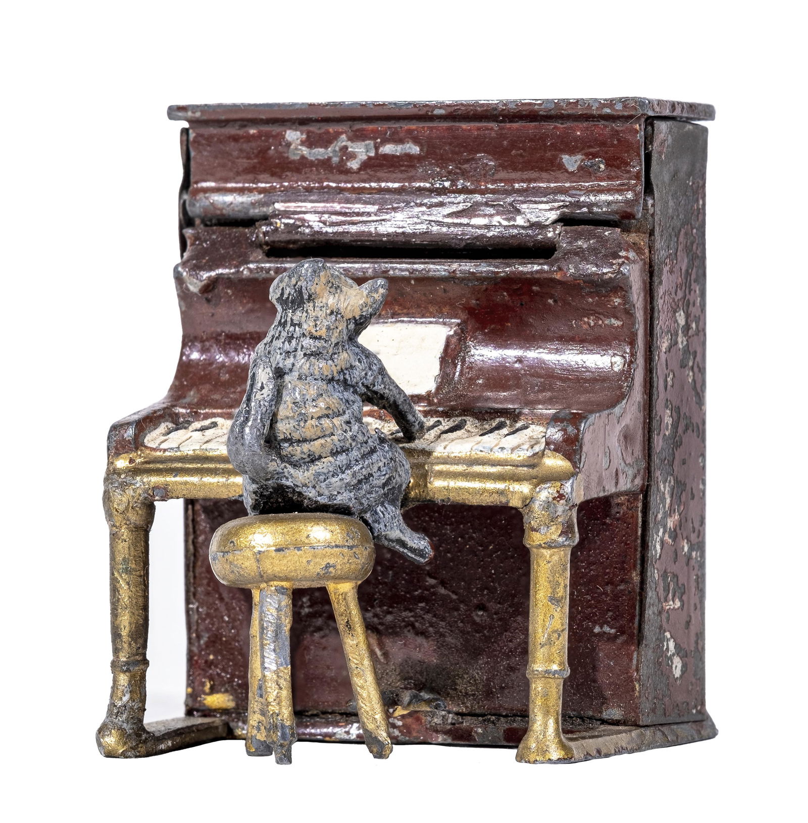 Cat Playing the Piano Spelter Bank: Germany - 1910's - 2 1/4" Tall. Illustrated as #200-a on Page 72.