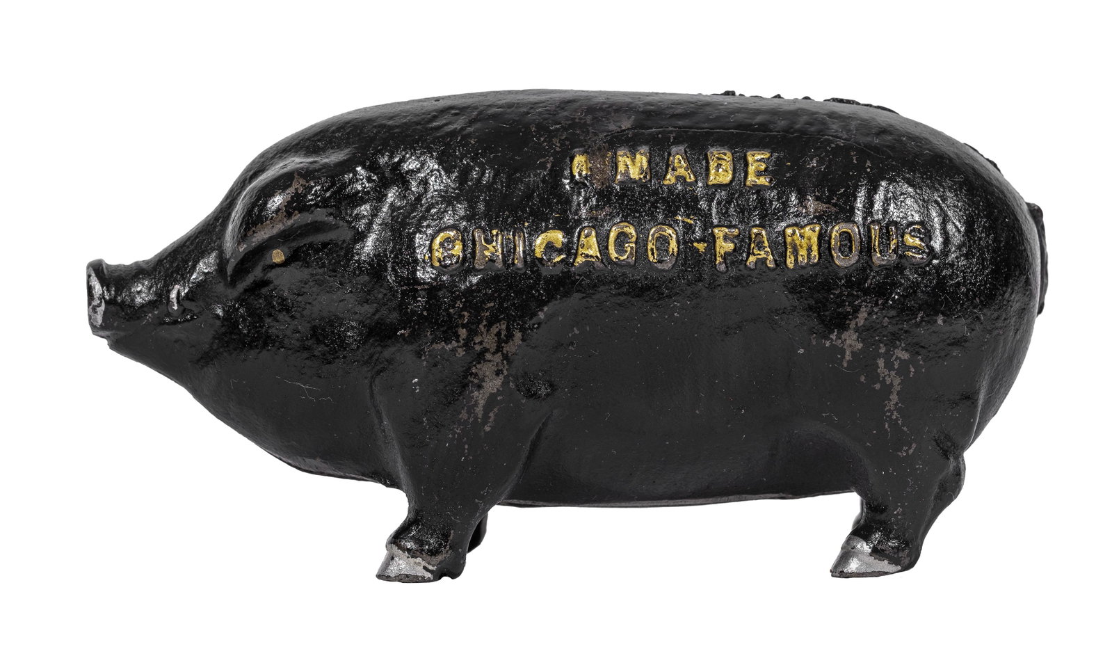 I Made Chicago Famous Iron Bank: Scarce Large Version of the Pig. By the J. M. Harper Company. Chicago - Ca. 1902 - 2 5/8" x 5 3/8".