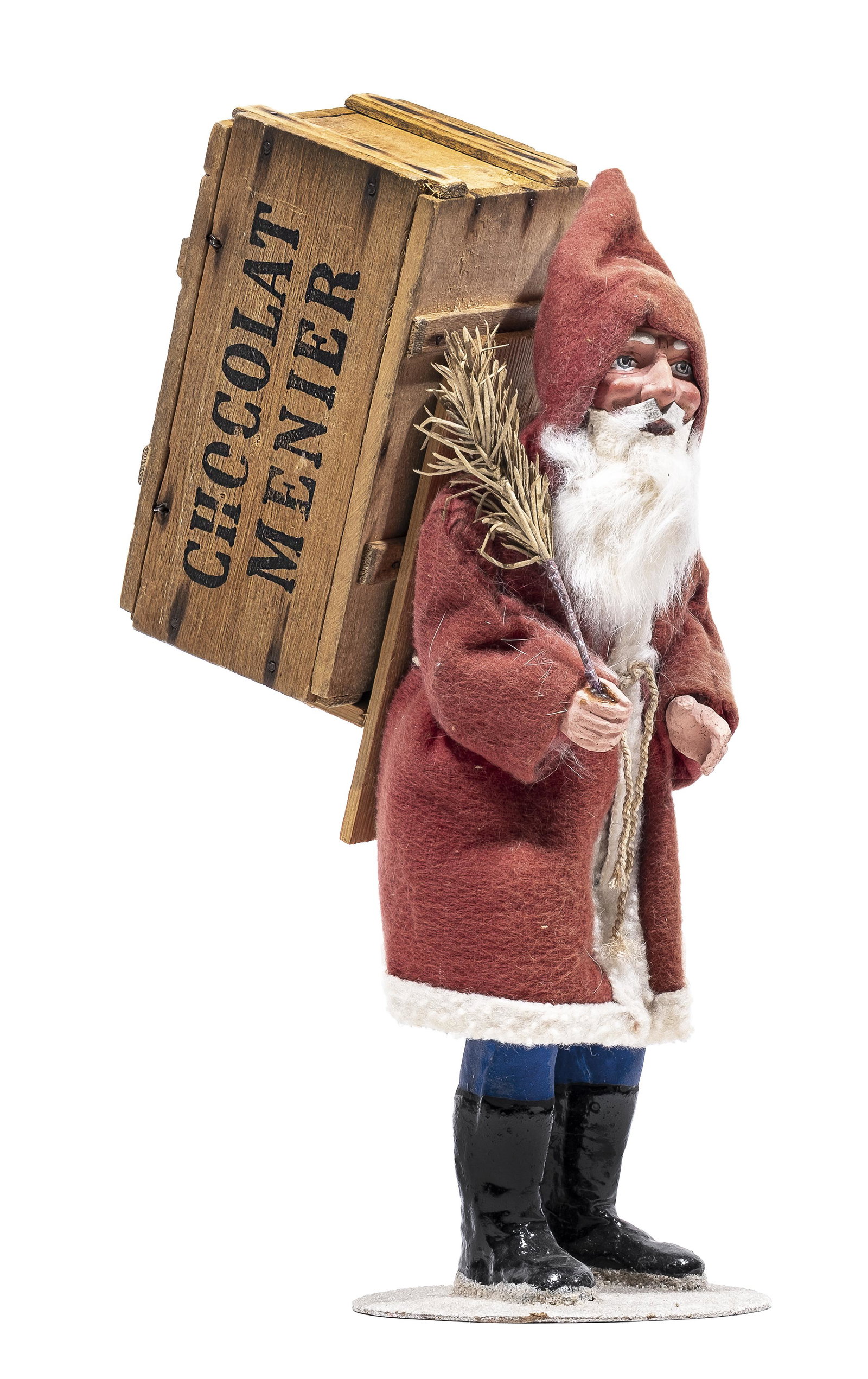Beautiful Paper Mache Santa Claus: Toting a Crate of Chocolat Menier. Unknown German Manufacturer. Made Circa 1910 - 11 1/2" Tall.