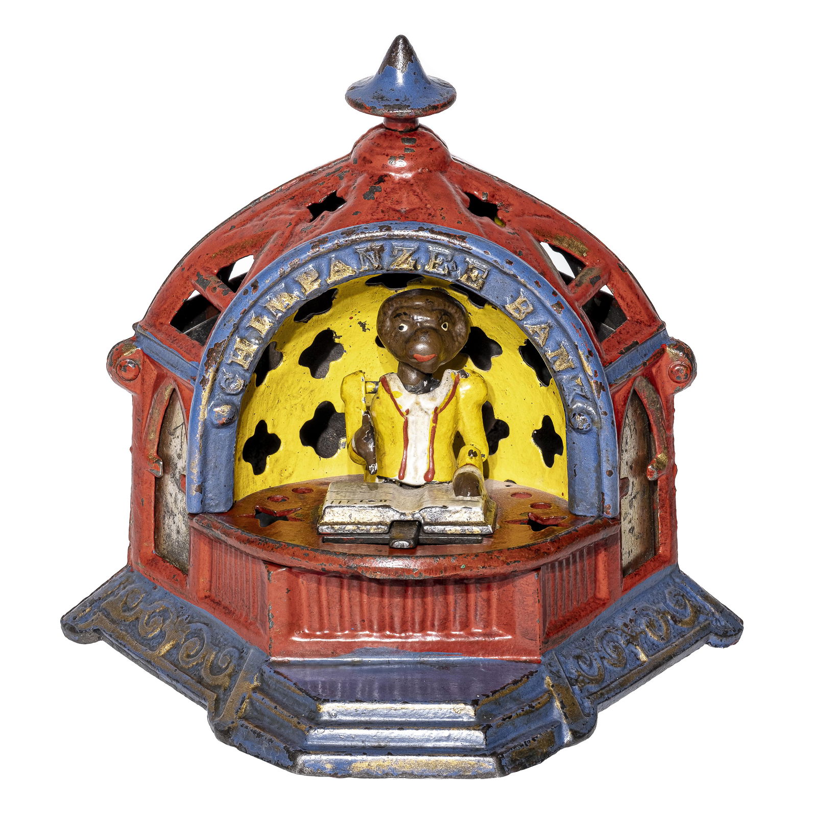 The Chimpanzee Iron Mechanical Bank: Made by Kyser and Rex Company. Philadelphia, Pa. - Circa 1880's. Ex - Bill Norman Bank Collection. The Chimpanzee Bank provides us with a terrific representation of a monkey imbued with human attribut