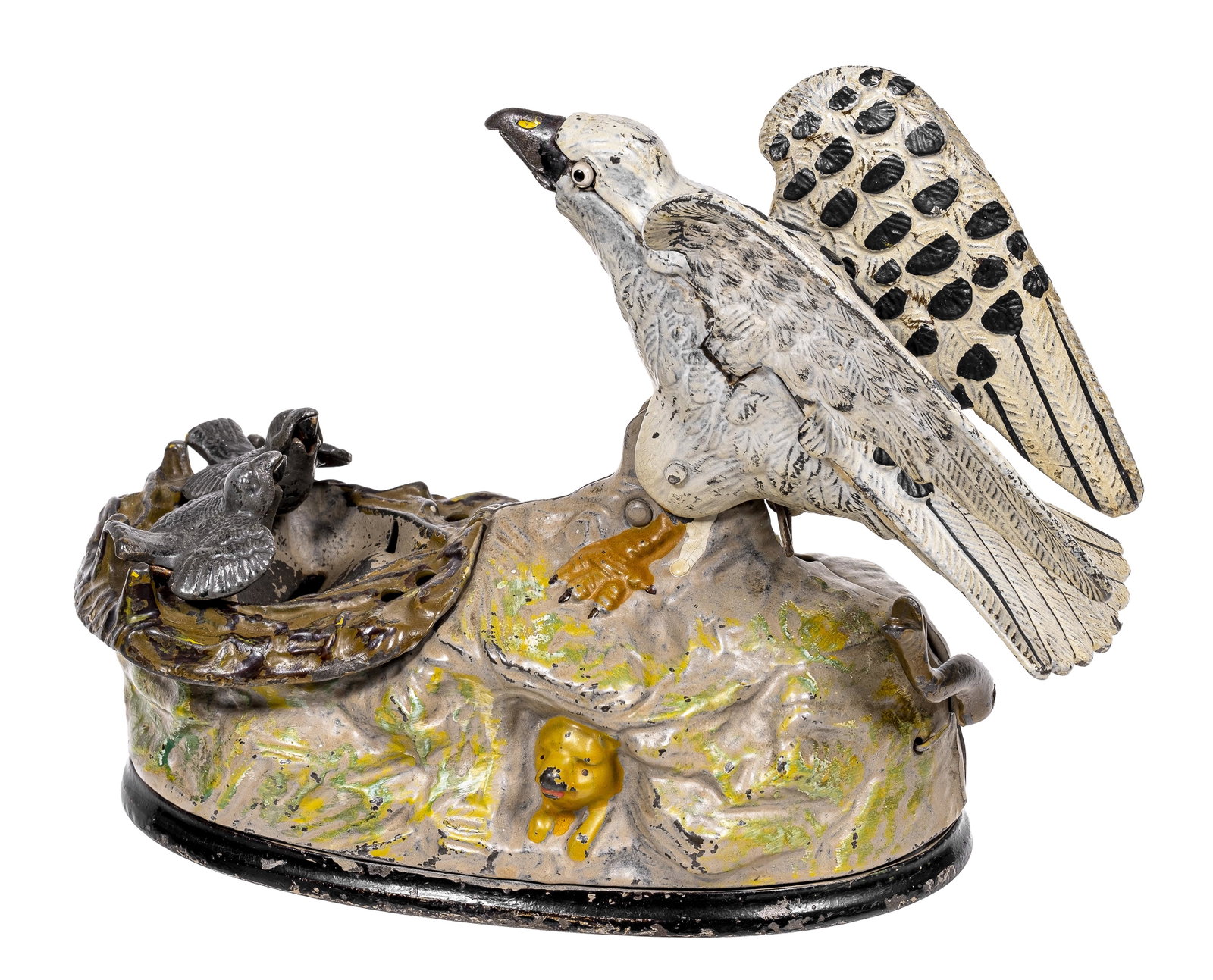 Eagle and Eaglets Iron Mechanical Bank: Made by J. & E. Stevens Company. Cromwell, Connecticut - Circa 1880's. Purchased from Donal Markey. To emphasize the patriotic nature of their bank, Stevens cleverly marketed it as the "American Eagle