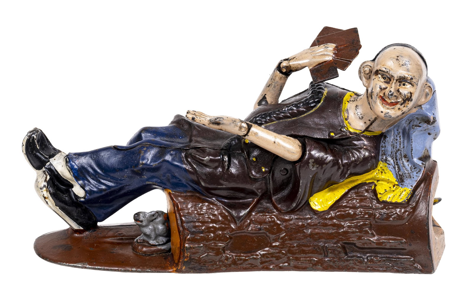 Reclining Chinaman Iron Mechanical Bank: Made by J. & E. Stevens Company. Cromwell, Connecticut - Late 1880's. A recumbent Chinaman invites us to play a hand of poker with him. Dissecting the symbolism, one discovers disturbing racial refere