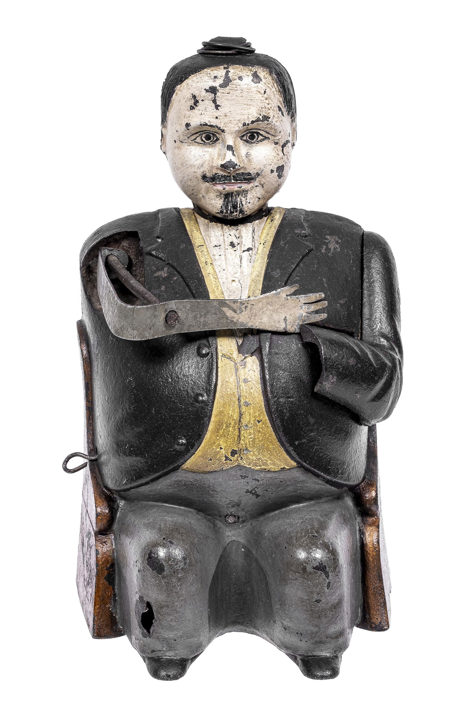 Fascinating Tammany Bank - Rare Original Design Prototype: Made for the J. & E. Stevens Company. Patent Issued to John Hall in Dec. 1873. From the Seaman's Savings Collection. In this early design, Boss Tweed's lower body is compressedand crushed down by the