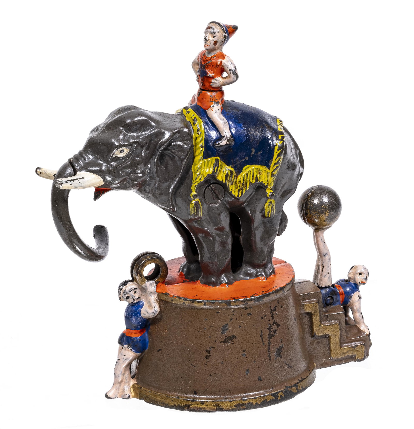 Elephant and Three Clowns Iron Mechanical Bank: Made by J. & E. Stevens Company. Cromwell, Connecticut - Circa 1880's.