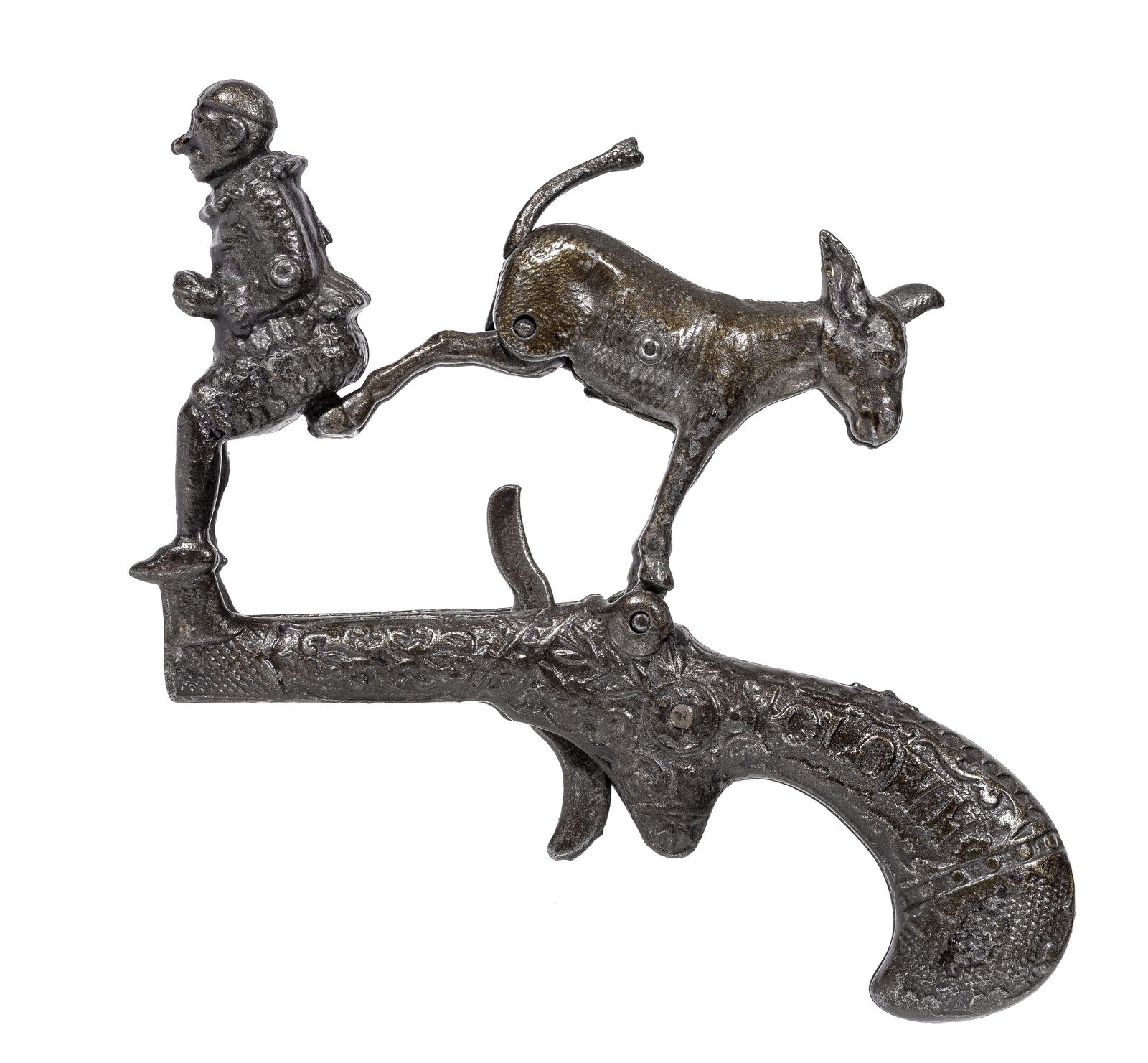 Mule and Clown Cap Gun: By the Ives, Blakeslee Company. Connecticut - 1882 - 5 1/4" Long. The clown has a cap in the seat of his pants. When the gun is activated, the donkey kicks upwards, exploding the cap.