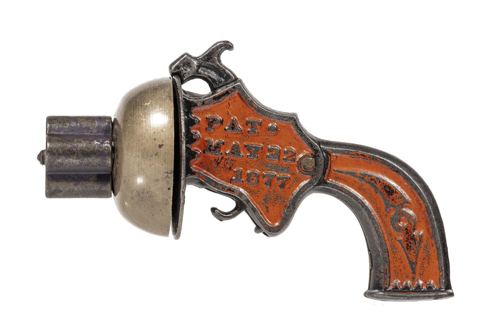 The Bell Derringer Rare Cast Iron Cap Gun: Unknown Maker - 5" Long. This rare cast iron gun is fascinating in every detail. With a patent date of May 22nd 1877, it ranks as one of the earliest toy guns ever put into production.