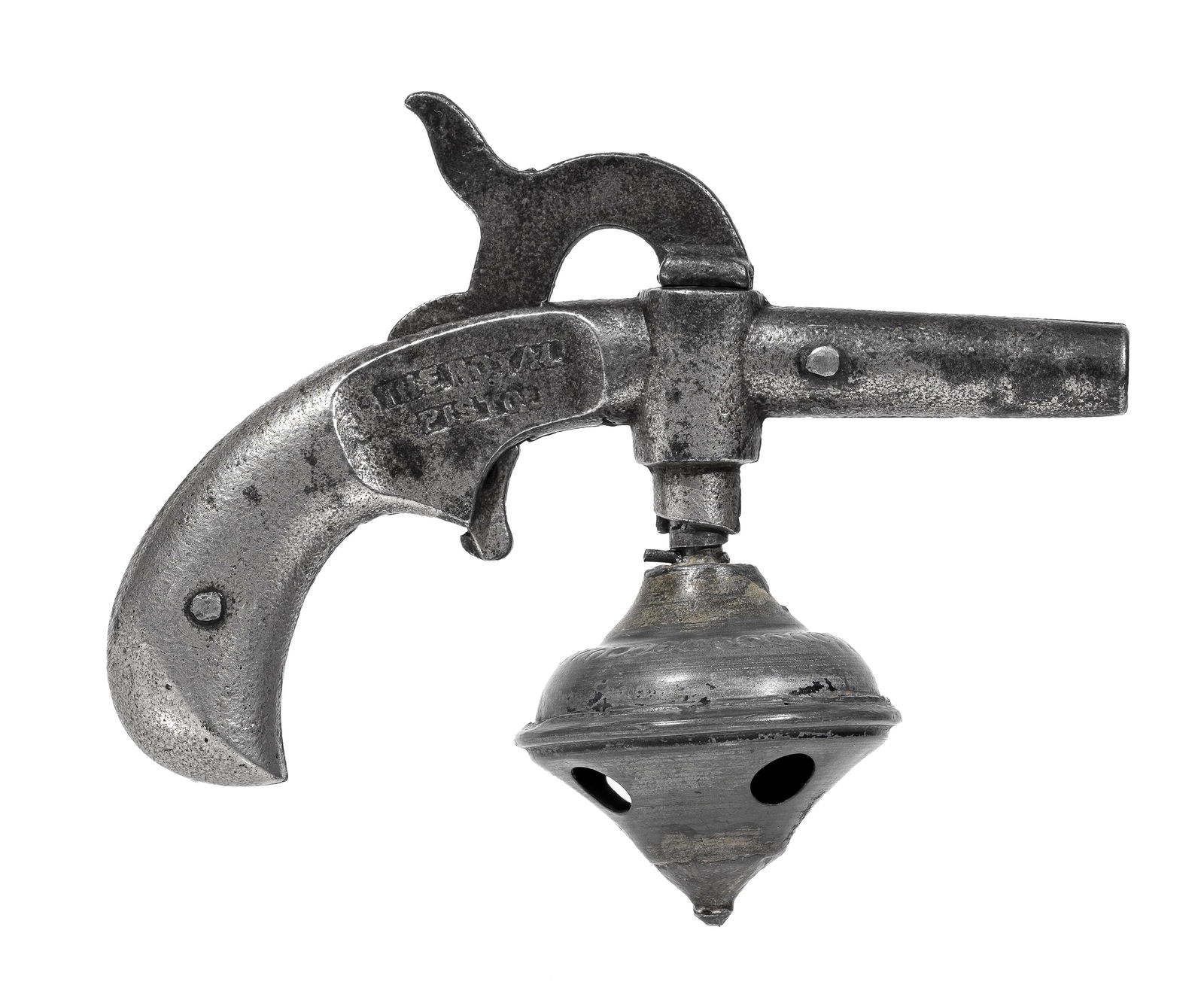 The Royal Pistol Cap Gun: With Original Spinning Top. Unknown American Maker. Pat'd April 23, 1878 - 5' Long. This cap gun is very complex and absolutely ingenious. Wind the spinning top in the correct place along the gun shaf