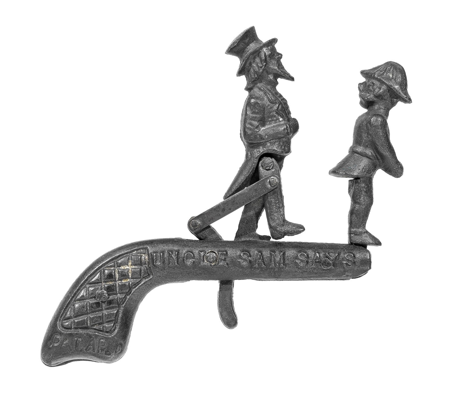 Uncle Sam Said Git Cap Gun: Unknown American Manufacturer. Pat'd June 1898 - 4 3/4" Long. This rare and important cap gun draws inspiration forits imagery from the military and naval details of the Spanish-American War. The far