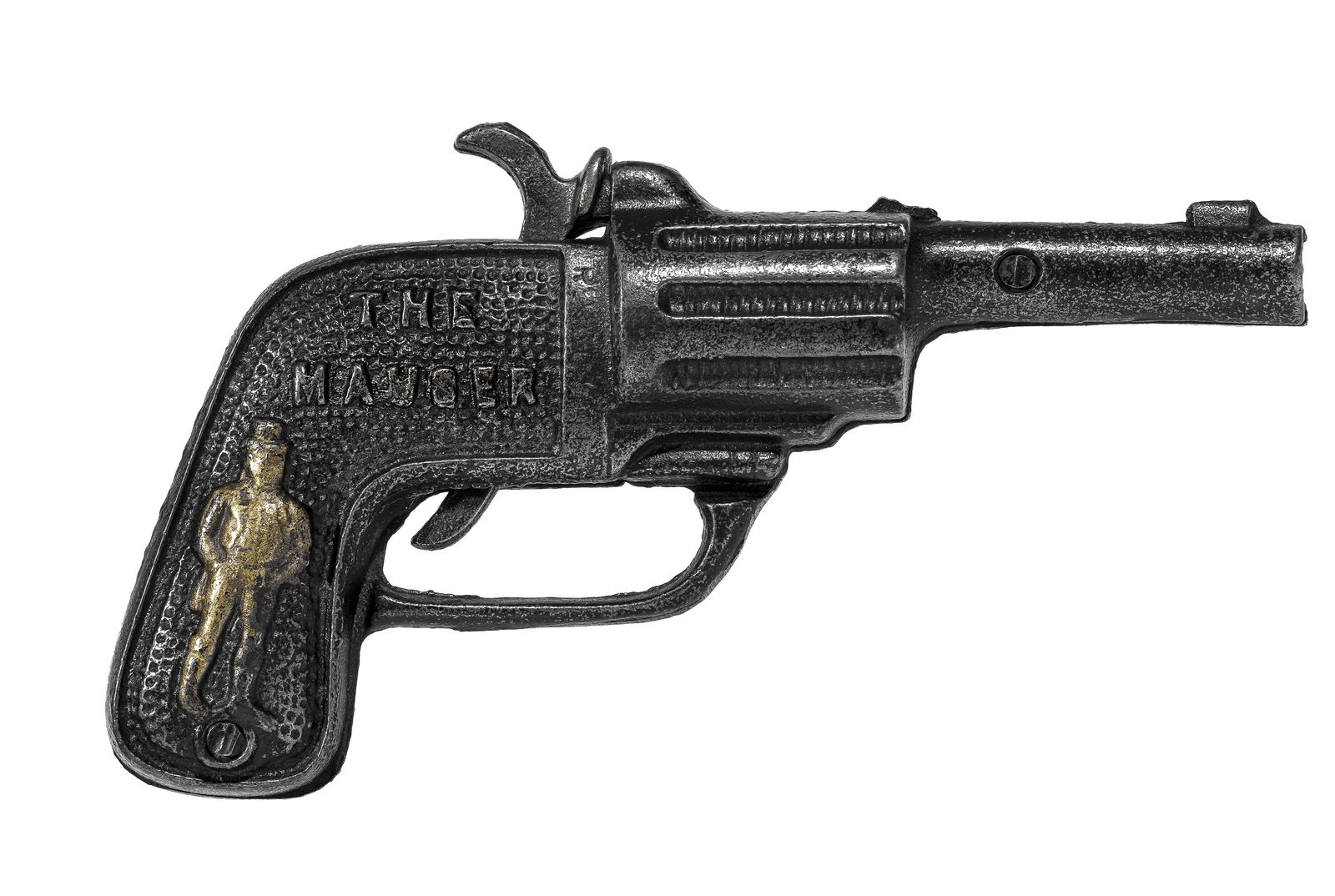 "The Mauser" Cap Gun: American - 1890 - 6 3/4" L x 3 3/4" T. This is a very rare cast iron cap gun named "The Mauser". One side depicts an Elegant Man with Top Hat and the other side a Sailor. We have never seen another ex