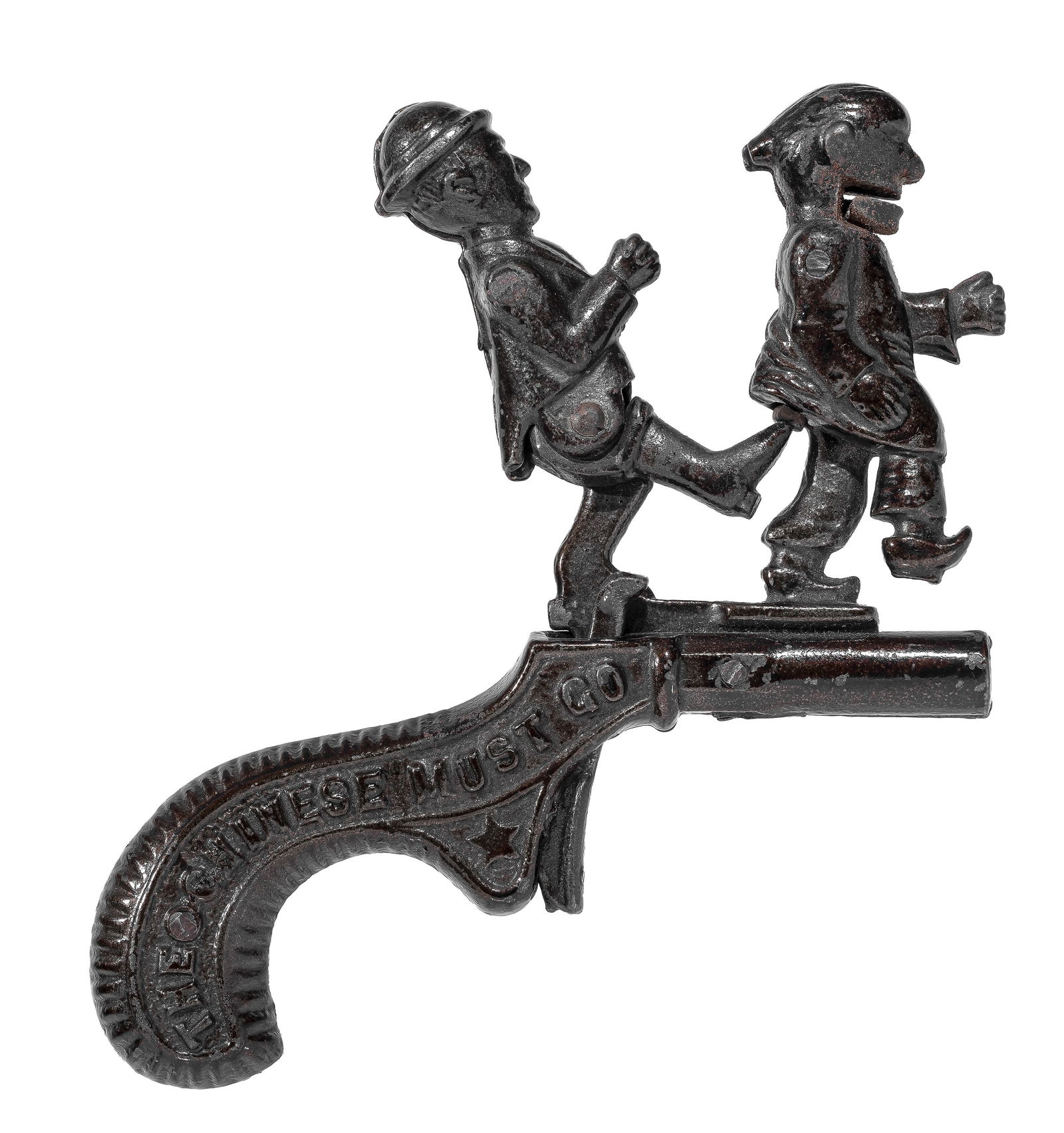 "Chinese Must Go" Cap Gun: By Ives, Blakeslee Company. Pat. Sept. 2, 1879 - 4 3/4" Long. Toy collectors have long valued the "Chinese Must Go" gun as the truest holy grail in the field of animated cap guns. This has nothing to