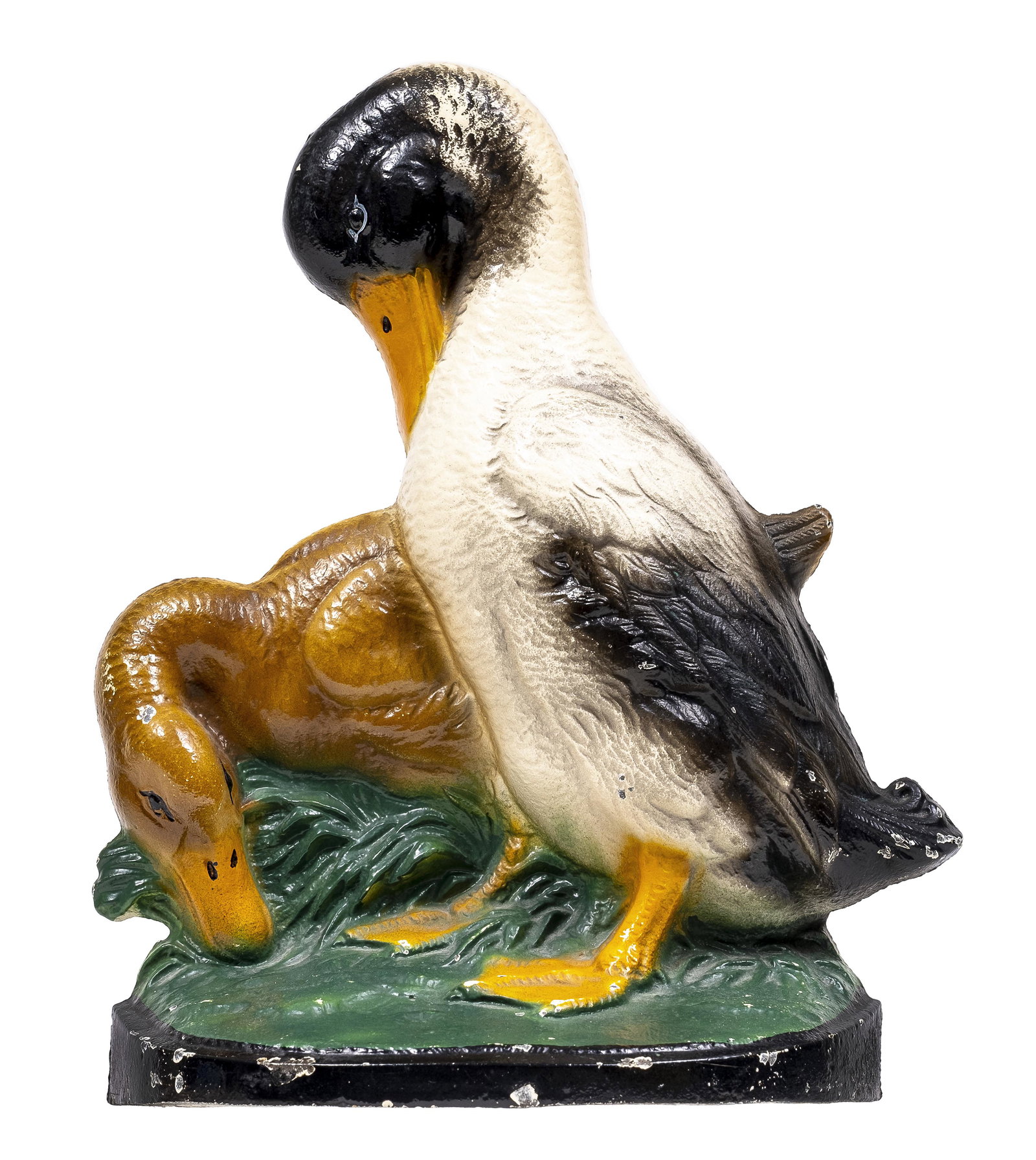 Two Preening Ducks Cast Iron Doorstop: Hubley Mfg. Company (#291). Lancaster, Pa. - 1930's - 8 1/2" Tall.