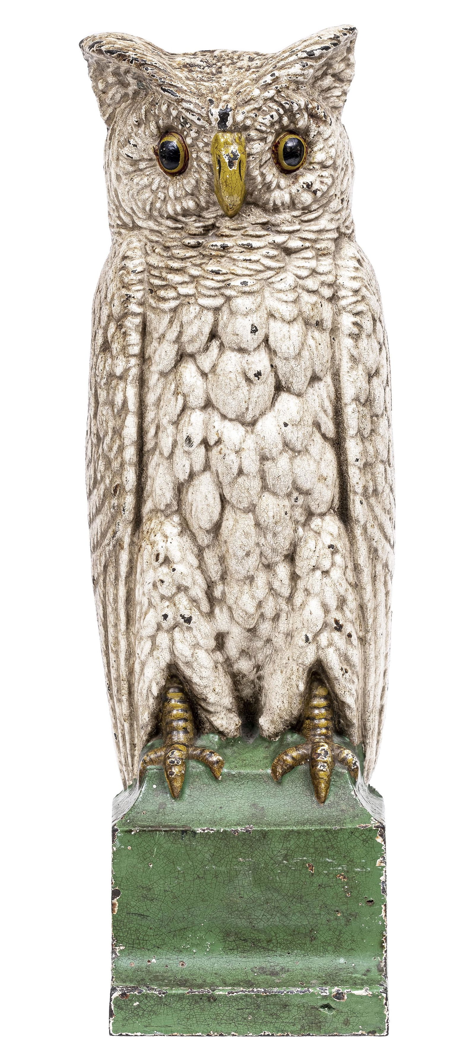 Owl on Pedestal Cast Iron Doorstop: Bradley & Hubbard (Model 7797). Meriden, Ct. - 1920's - 15 5/8" Tall. In terms of dramatic visuals, this snowy white barn hooter is one of the most appealing door stops ever brought to market. The lev