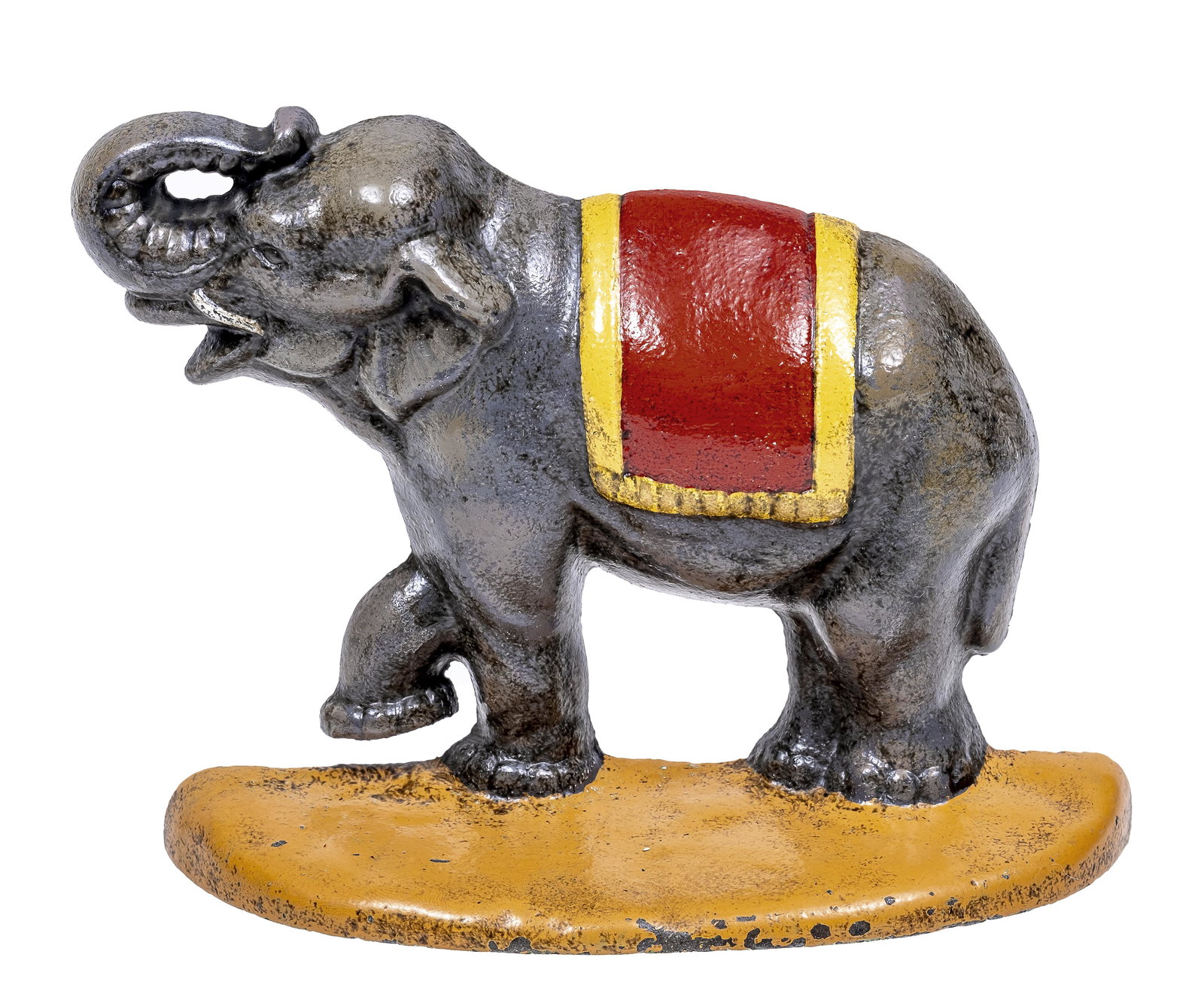 Marching Circus Elephant Cast Iron Doorstop: Unknown American Maker. Circa 1930's - 5 3/4" Long.