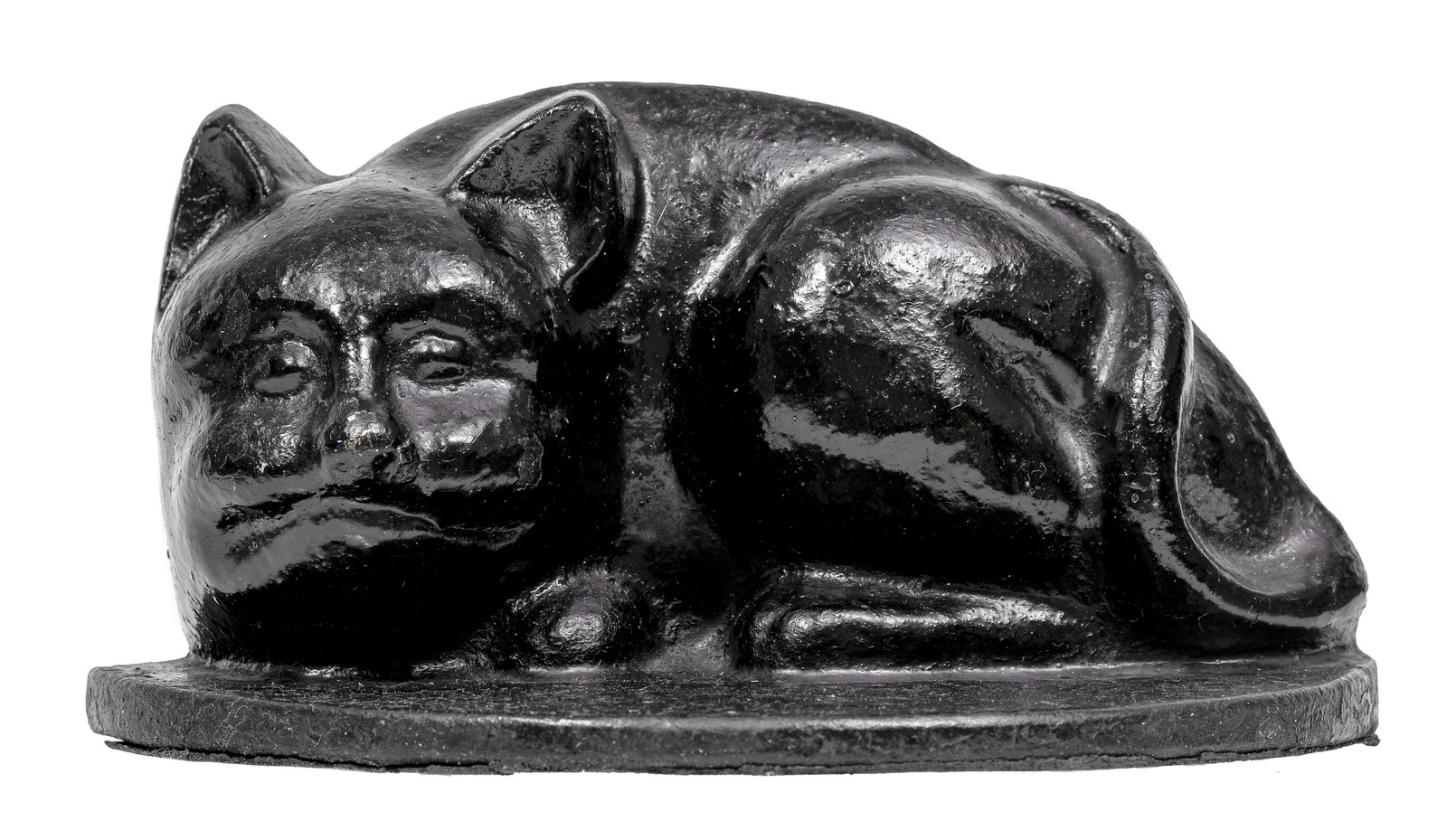 Black Cat Laying on Rug Cast Iron Doorstop: Made by Albany Foundry (Cat. #77). Albany, NY - 1920's - 7 3/8" Long.
