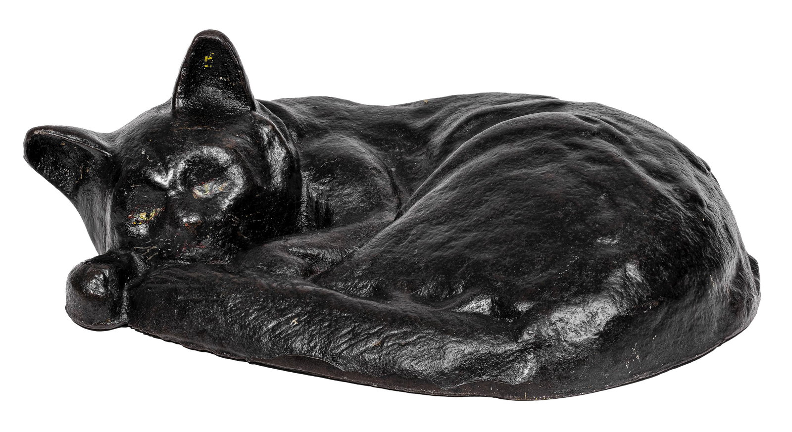 Sleeping Fireside Black Cat Cast Iron Doorstop: Made by the Albany Foundry. Albany, NY - Circa Late 1920's. 5 1/4" Tall x 12 1/4" Wide x 10" Deep. Without a doubt, this magnificent casting represents one of the largest and heaviest cast iron door s