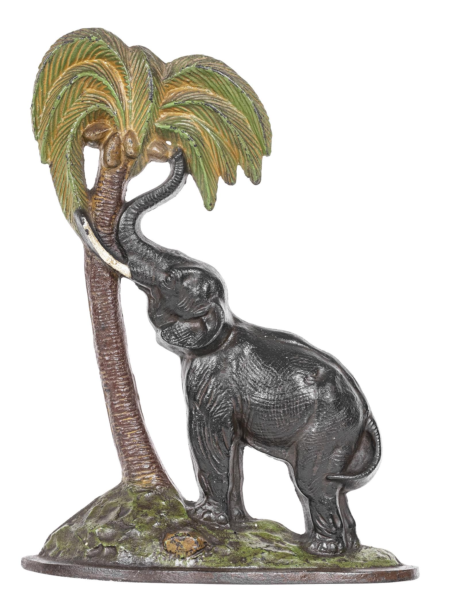 Elephant by Coconut Tree Cast Iron Doorstop: By A. M. Greenblatt (Numbered 13). Boston, Ma. - 1920's - 13 3/4" Tall.