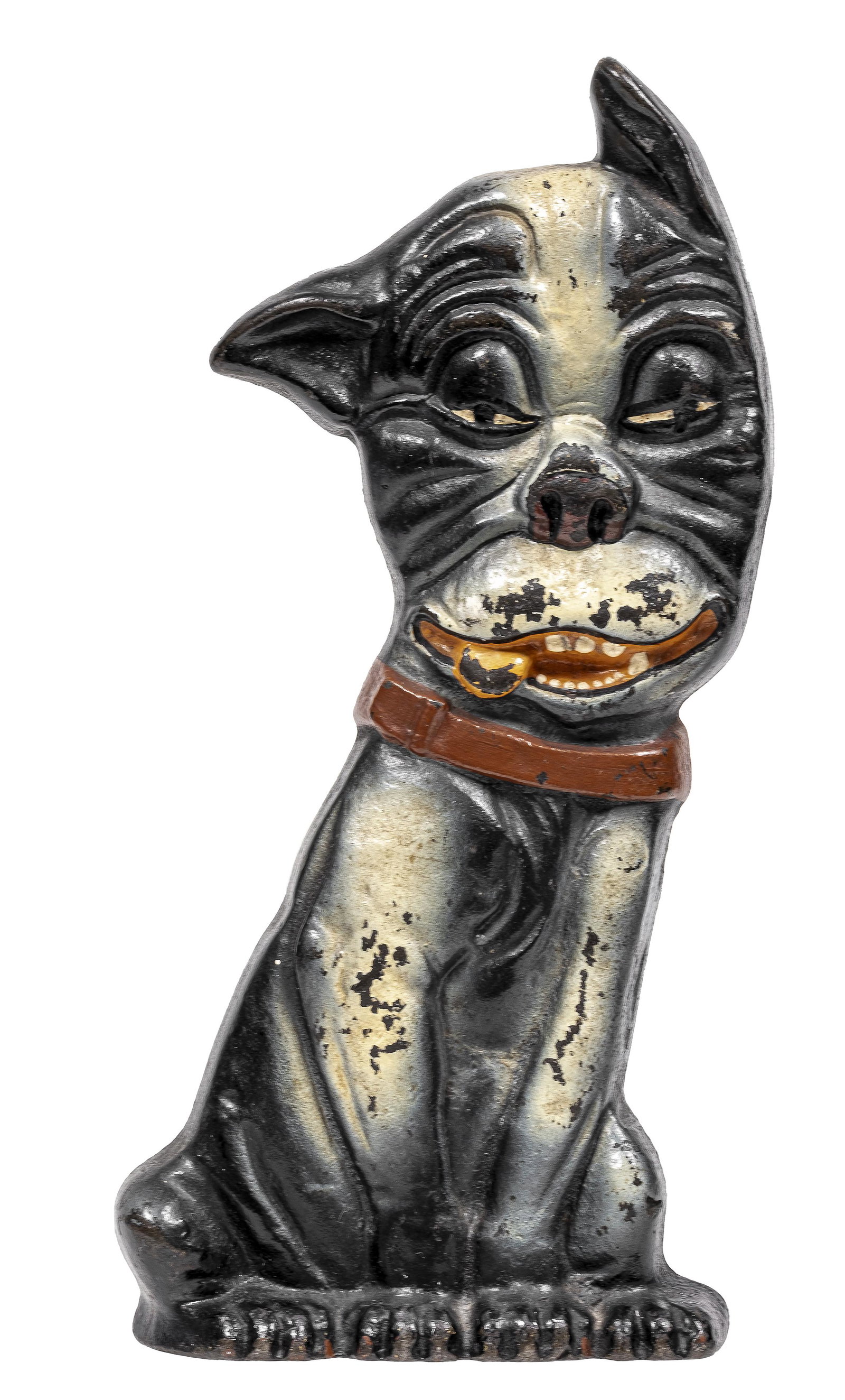 Whimsical Boston Terrier Pup Cast Iron Doorstop: Made by the A. M. Greenblatt Studios. Boston, Ma. - Copyright 1927 - 9 5/8" Tall.
