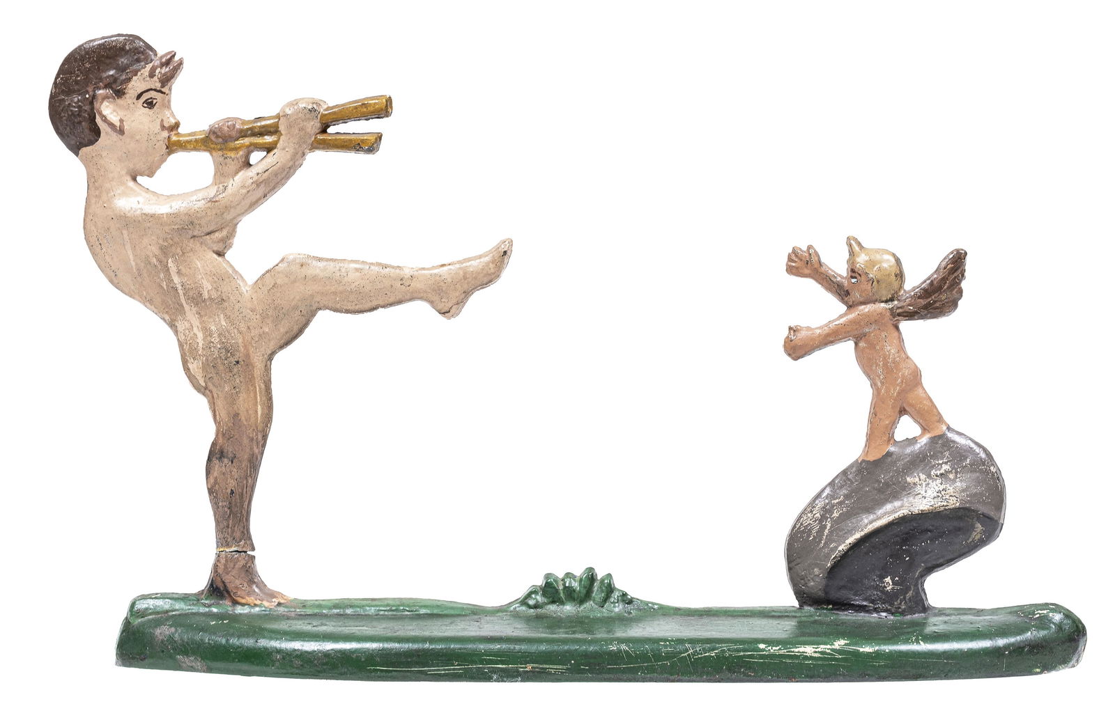 Pan Playing Pipes for a Small Angel Cast Iron Doorstop: Unknown American Manufacturer. Ca. 1920's - 9 3/8" Tall x 13 7/8" Wide. Though most door stops pertain to imagery that is drawn from realism, such as animals, human figures, architectural pieces, etc.