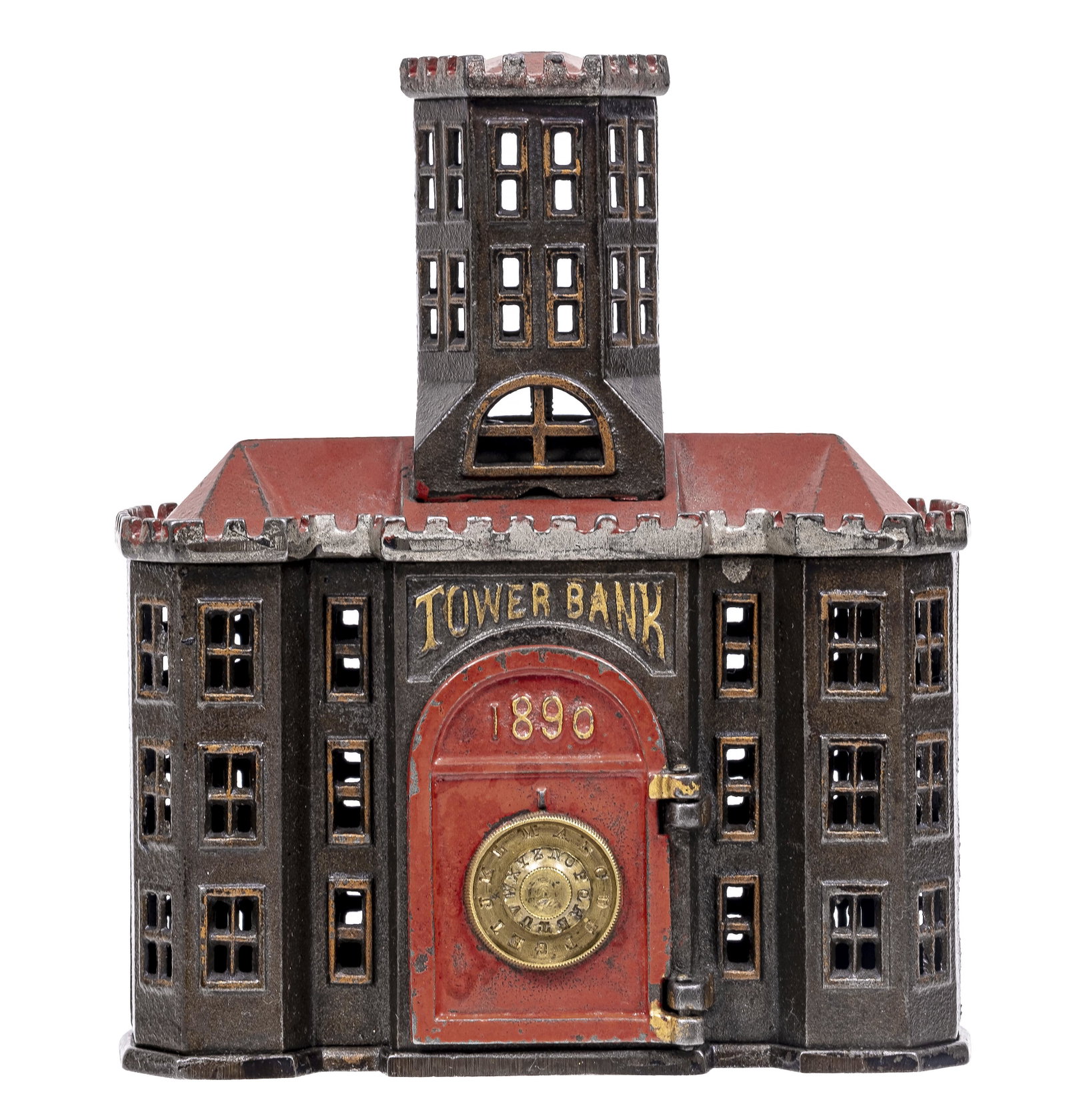 The Tower Bank - Dated 1890: Made by the Kyser & Rex Company. Philadelphia - Ca. 1890 - 6 7/8" T. Kyser and Rex produced several of the most detailed and beautiful building banks in the hobby. Their Tower Bank is certainly no exc