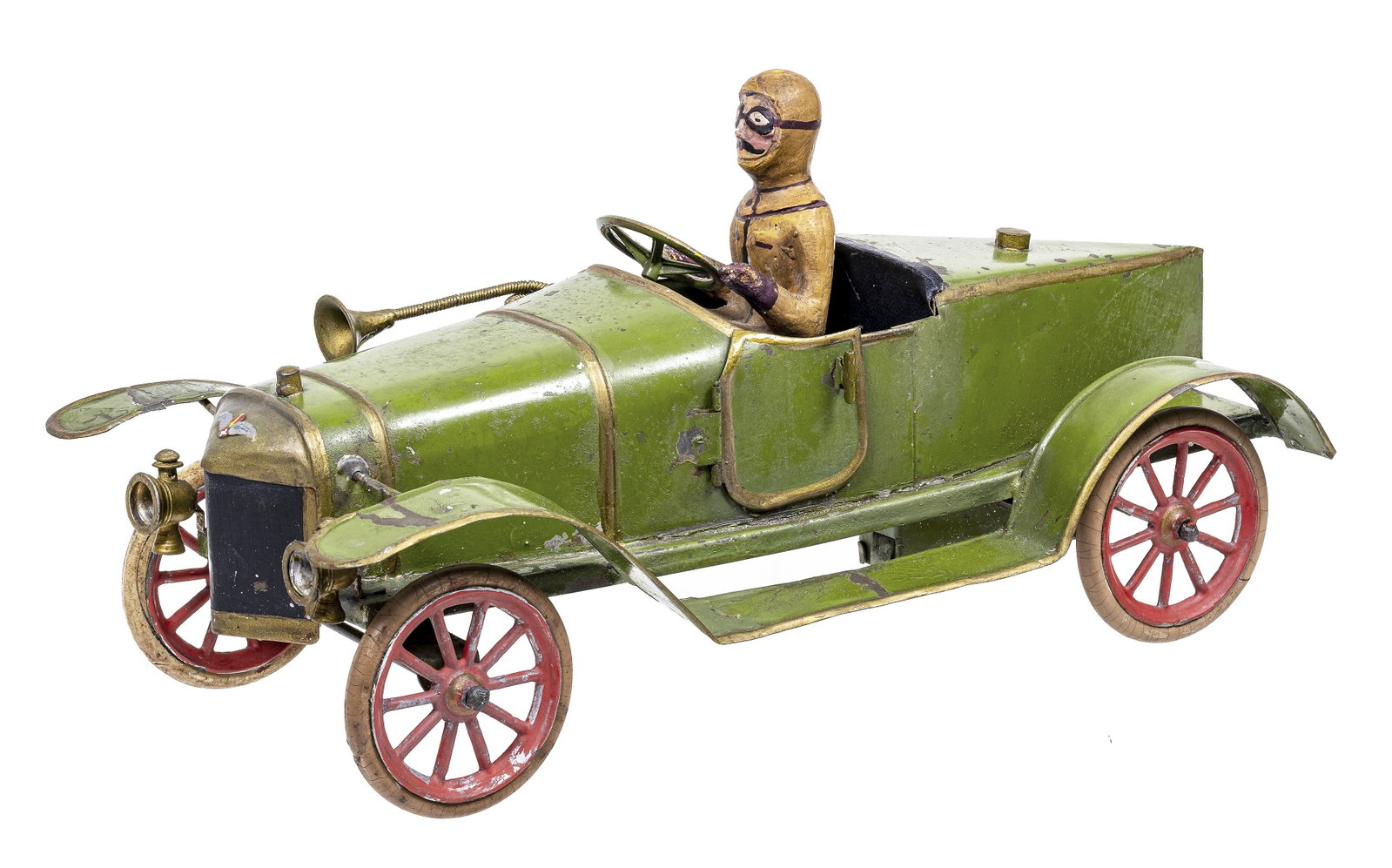 Hispano Suiza Green Race Car Alphonse XIII Model: Made by Pinard. French - Early 1910's - 12 1/2" Long. This toy is in wonderful, good working condition.