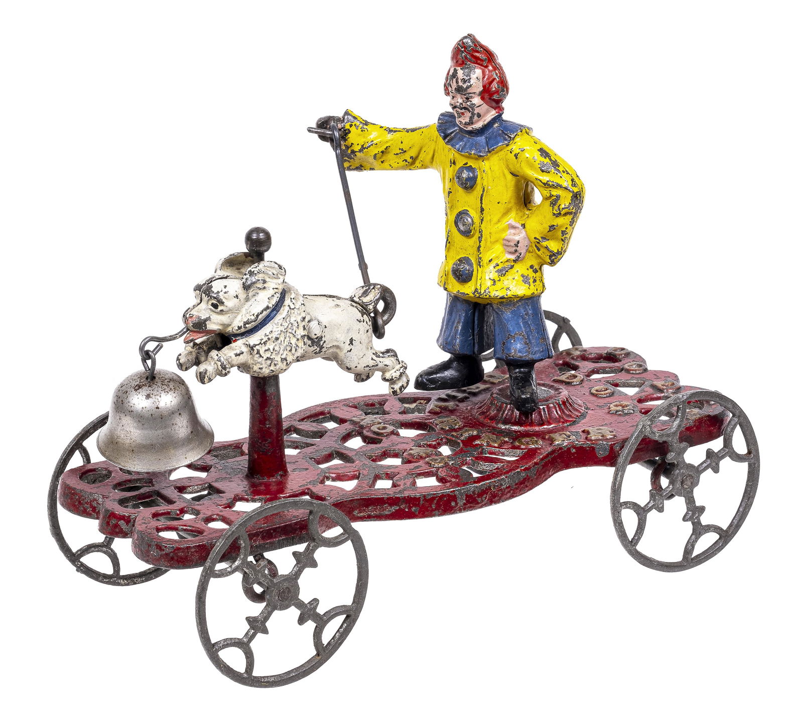 Poodle Dog Bell Toy: Gong Bell Mfg. Co. Model #45. East Hampton, Ct. - 1890's - 7 1/2" Long. From the Dr. Greg Zemenick Collection. It is nearly impossible to find this bell toy in such terrific condition as is this examp