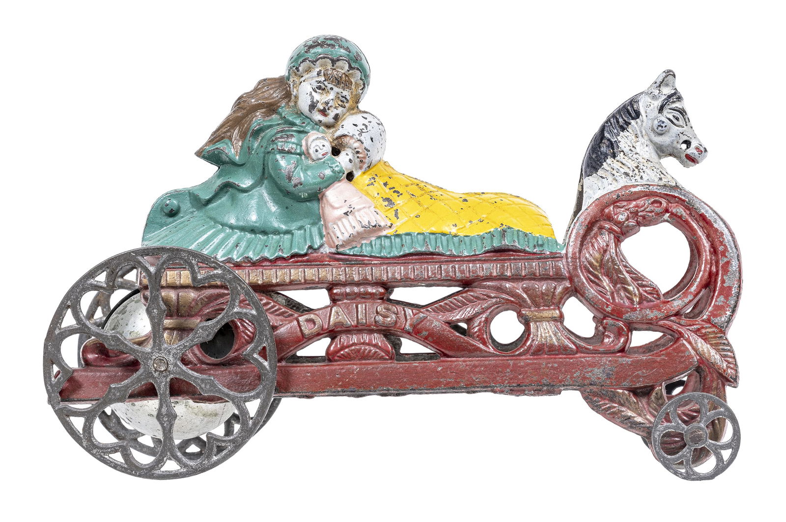 Daisy Sled Bell Toy: Made by the Gong Bell Mfg. Company. East Hampton, Ct. - 1893 - 8 1/4" Long. From the Frank Kidd Toy Collection. This is definitely one of the prettiest toys created in the late nineteenth century. It'