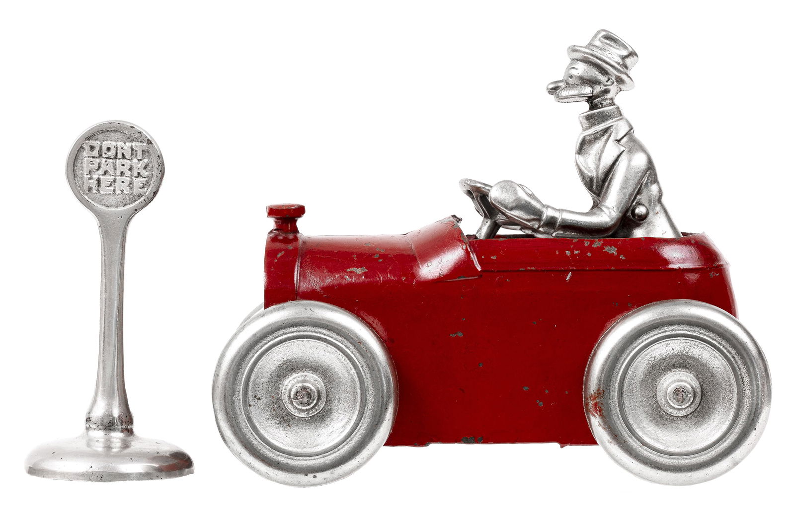 Andy Gump "348" Car Iron Toy: Made by Arcade Mfg. Company. Freeport, IL - 1928 - 7" Long. This example with nickel plated figure, wheels and front. It was made without front crank and a rear license plate. A "Don't Park Here" sign
