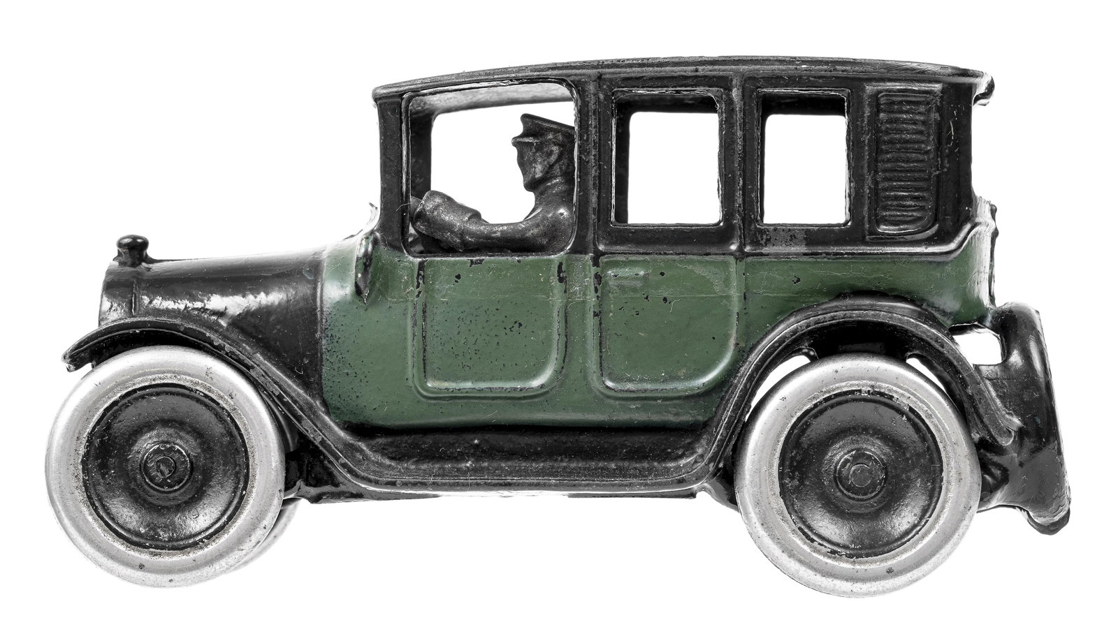 Green & Black Cab Iron Toy: Made by Arcade Mfg. Company. Freeport, IL - 1925 - 8" Long. The Checker Motor Corp painted their cabs green and black in the 1920's. This is a highly superior example of this scarce taxi cab.