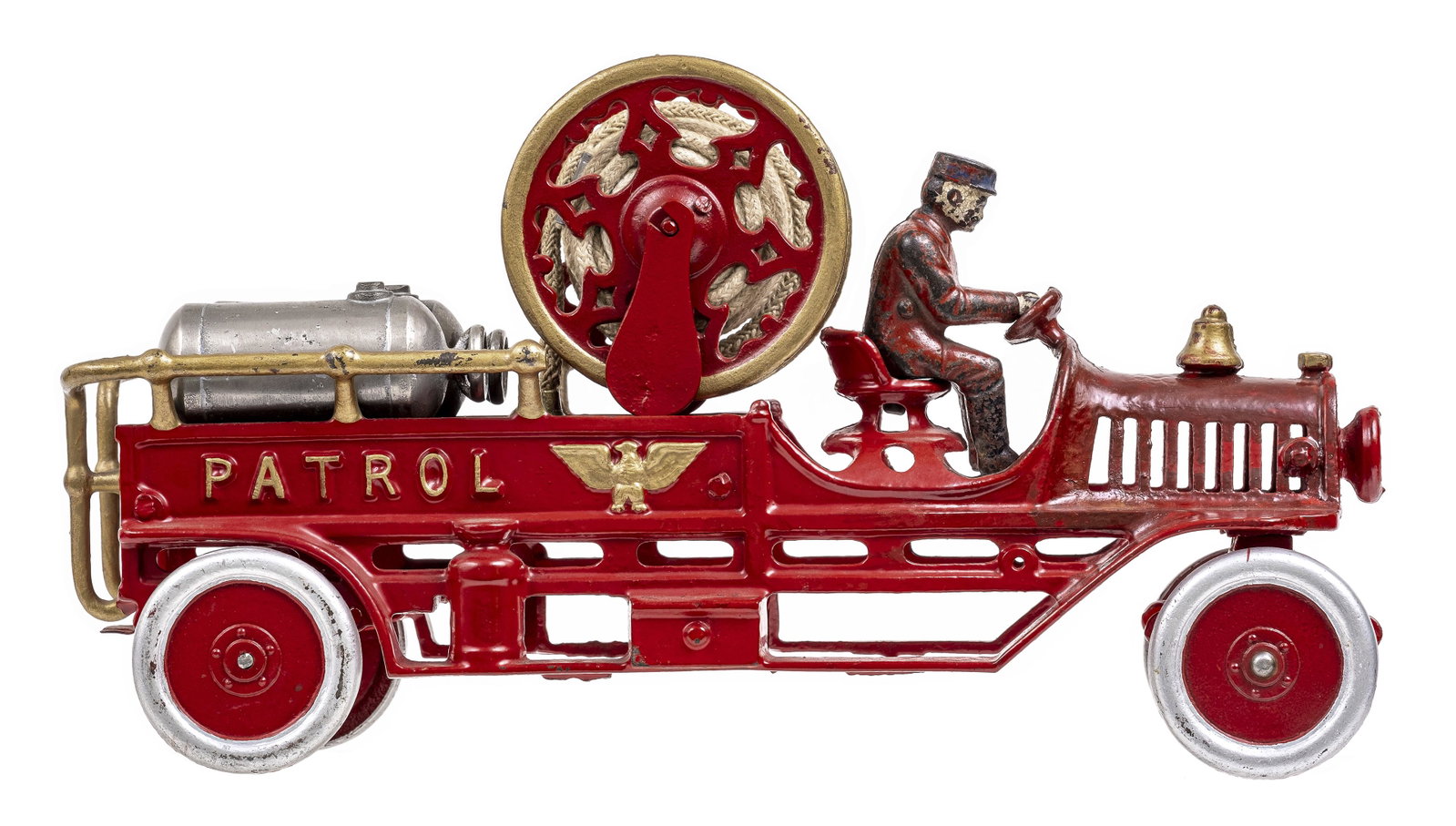 Hose and Chemical Wagon Marked Patrol Iron Toy: Made by Hubley Toy Company. Lancaster, Pa. - 1920 - 14" Long. This is an extremely rare early fire apparatus. We have seen two 11" versions of the toy with one chemical tank, but never this larger one