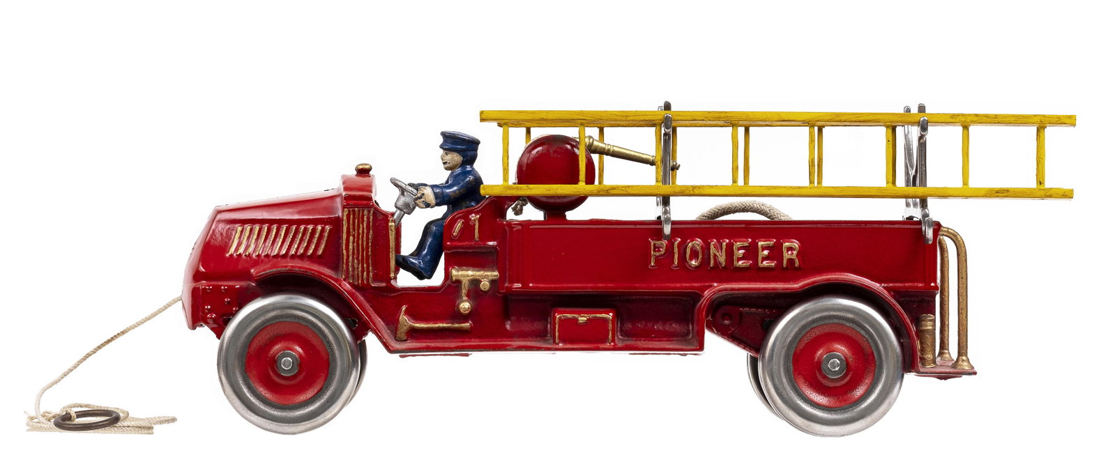 "Pioneer" Chemical and Ladder Truck Iron Toy: Made by Dent Hardware Company. Fullerton, Pa. - 1930 - 15" Long. This is the Dent factory sample for the 1st series production of the toy in cast iron. The toy is in Mint-Mint-Mint, bright condition. 