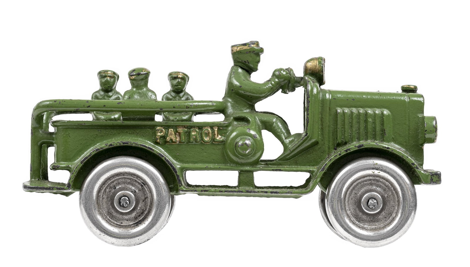 Patrol with Nickel Wheels Iron Toy: Made by Dent Hardware Company. Fullerton, Pa. - 1920 - 6 1/2" Long,