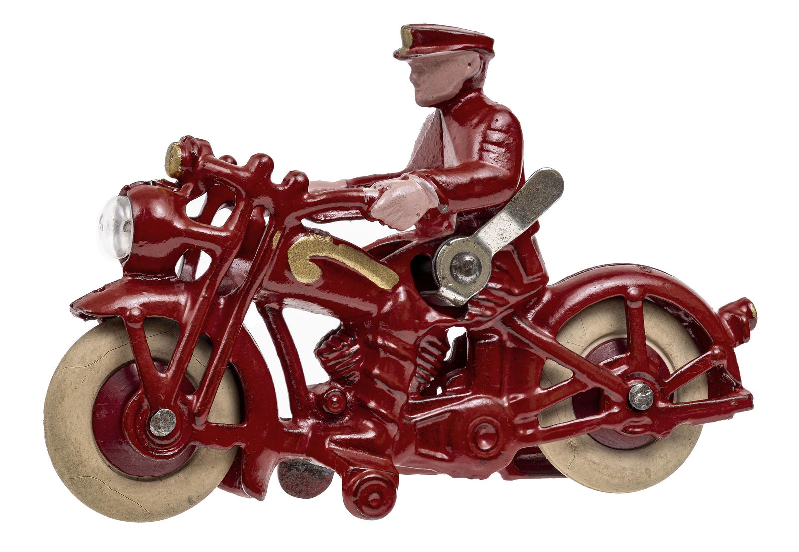 Policeman Motorcycle with Working Headlight Iron Toy: Made by Hubley Toy Company. Lancaster, Pa. - 1930 - 6" Long.