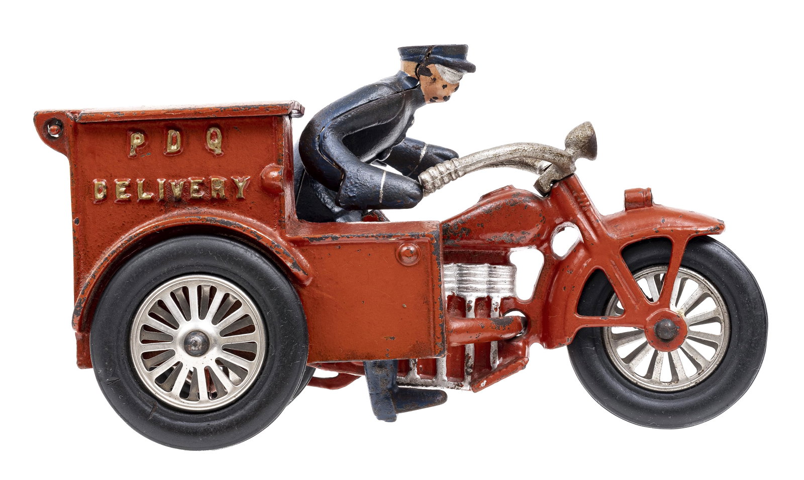 "PDQ" Delivery Motorcycle Iron Toy: Vindex Toy Company. Belvidere, IL - 1930 - 8 1/2" Long. An excellent example of the toy. It retains 80% of the Vindex decal.