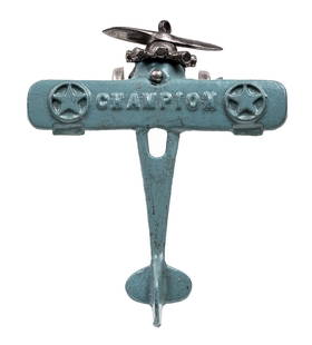 Champion Airplane - Blue Iron Toy: Nickel Wheels. Made by Champion Hardware Co. Geneva, Ohio - 1930 - 5" L x 4 1/4" WS.