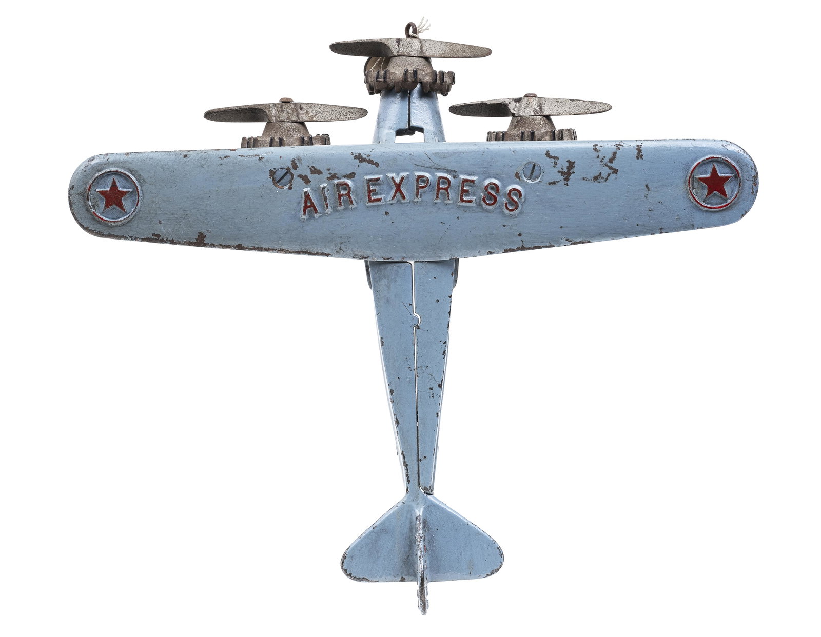 "Air Express" Trimotor Airplane Iron Toy: Nickel Wheels & Props. Made by Dent Hardware Company. Fullerton, Pa. - 1930 - 11 1/2" L x 12 1/4" WS. This is an excellent and bright example of this classic Dent airplane. It retains its original Den