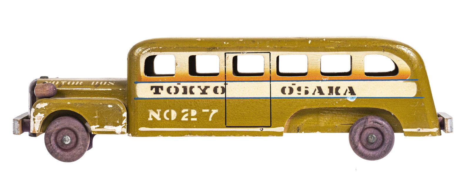 Tokyo - Osaka Motor Bus - Folk Art Carving: Made by Richard R. Cobb in Japan - 1947. 17" Long. This is a wonderful piece of Military Folk Art. Mr. Richard R. Cobb must have served in Japan at the war's conclusion.