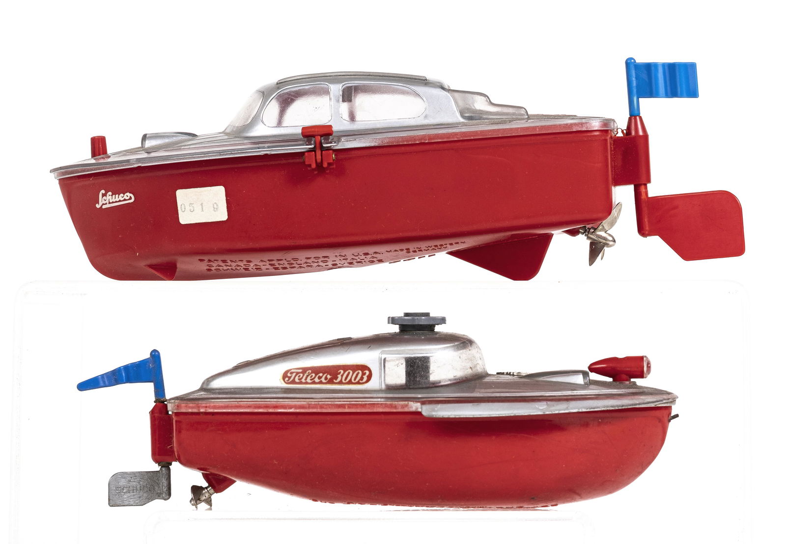 Schuco Motor Launch Boats: Schuco Toy Company. U. S. Zone / Western German. 1948 / 1955. 8" to 9 1/2" Long. Made of plastic, the earlier boat is windup and the later boat is battery op. The windup worked. Battery op not tested.