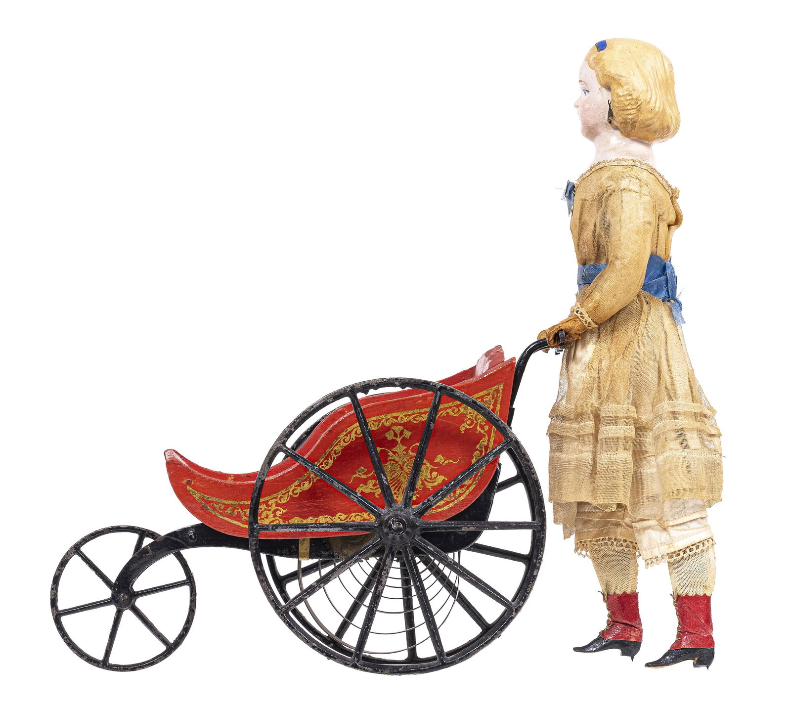 Goodwin Patent Mechanical Walking Doll - Pushing a Red Three Wheeled Perambulator - Clockwork Toy (1 of 4)