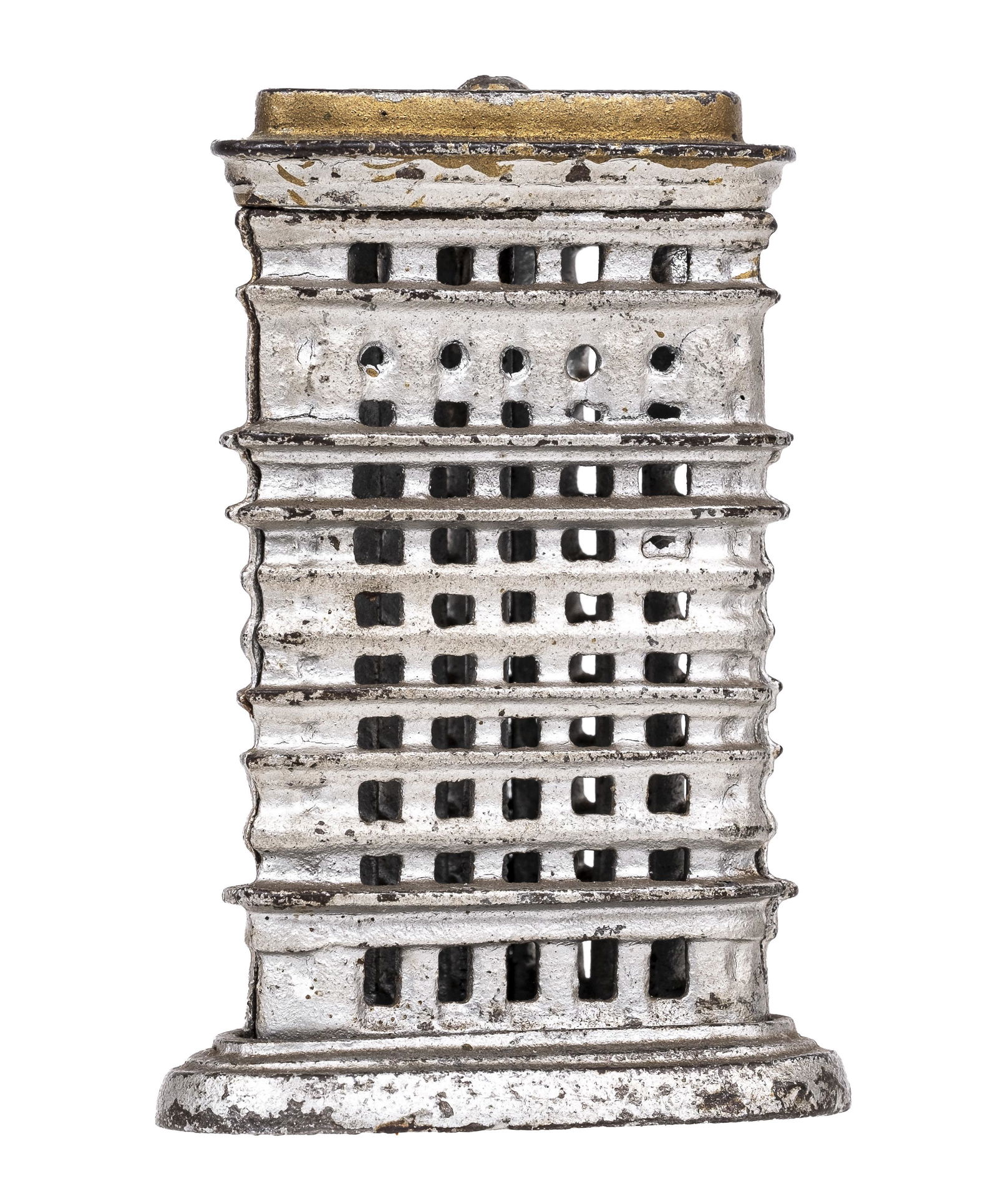 Smallest Flat Iron - Cast Iron Bank: Gold Painted Roof. Made by Kenton Hardware Company. Kenton, Oh. - 1915 - 3 1/8" Tall.